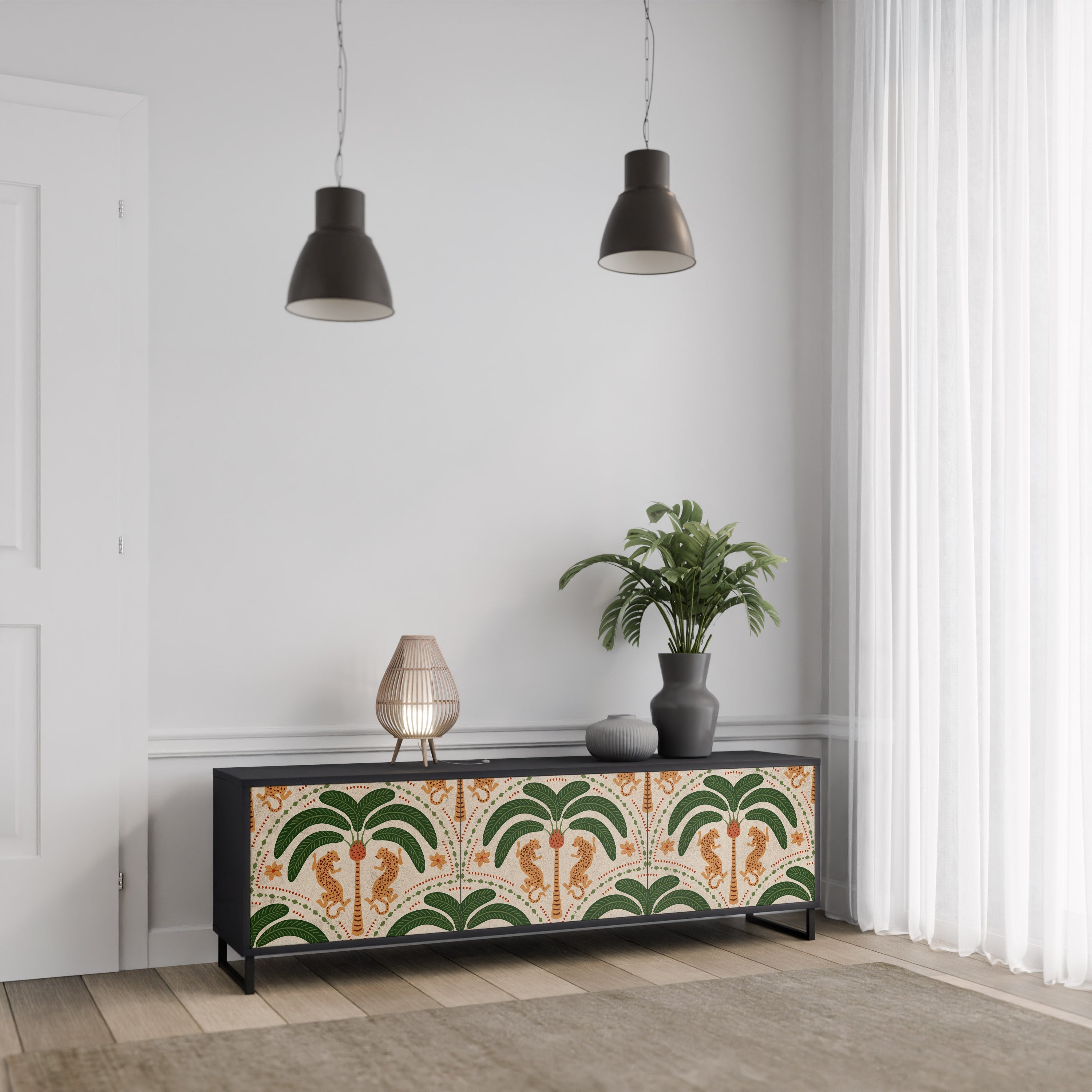 Meuble TV 3 portes DANCING PREDATORS, finition noire