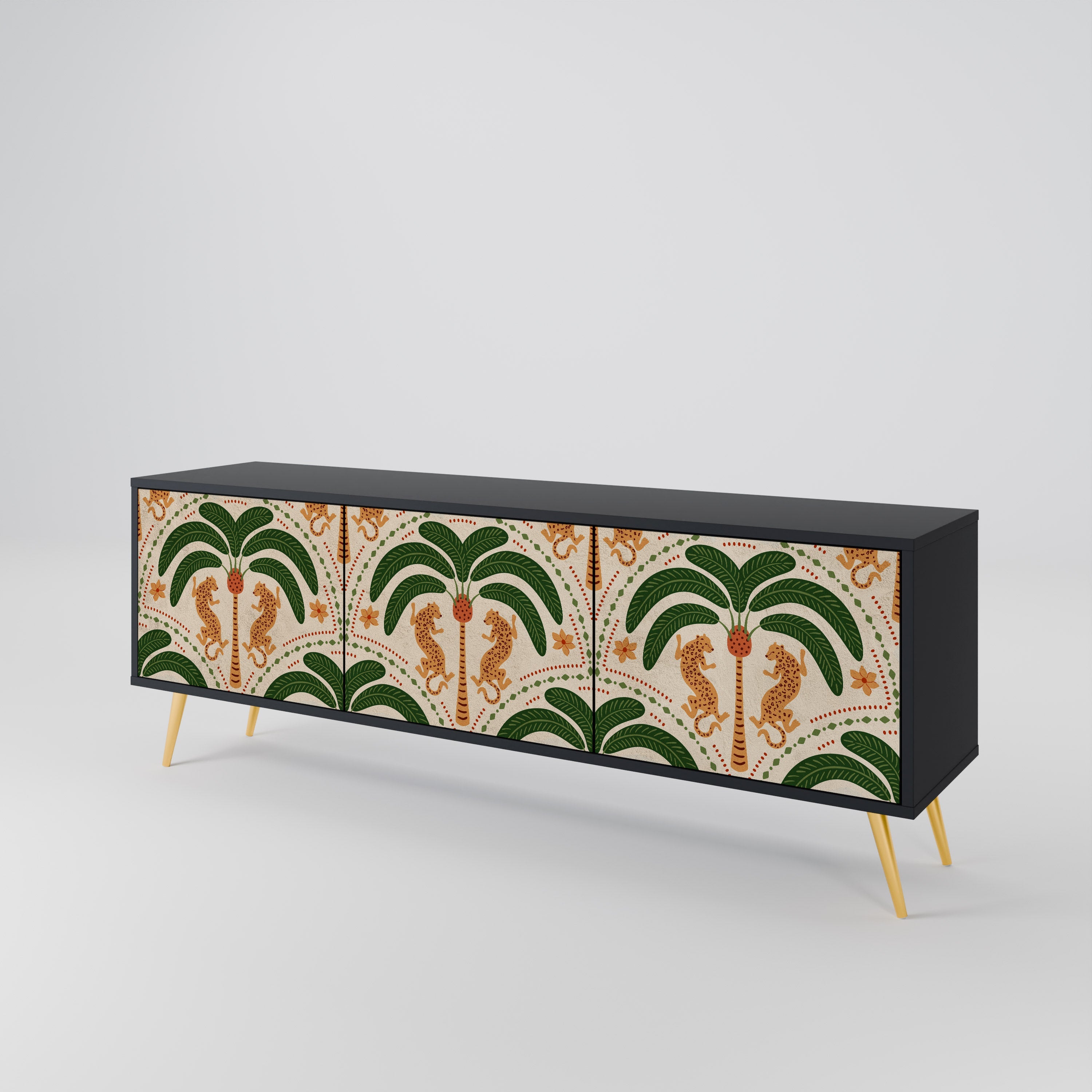 Meuble TV 3 portes DANCING PREDATORS, finition noire