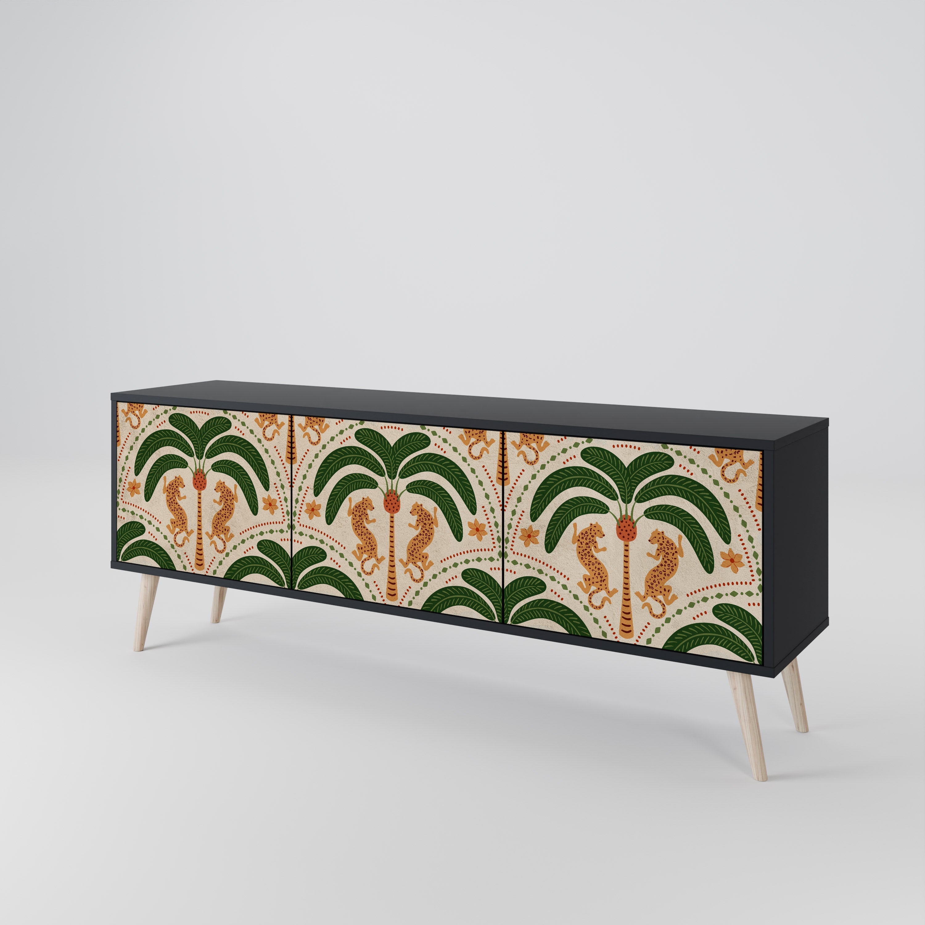 Meuble TV 3 portes DANCING PREDATORS, finition noire