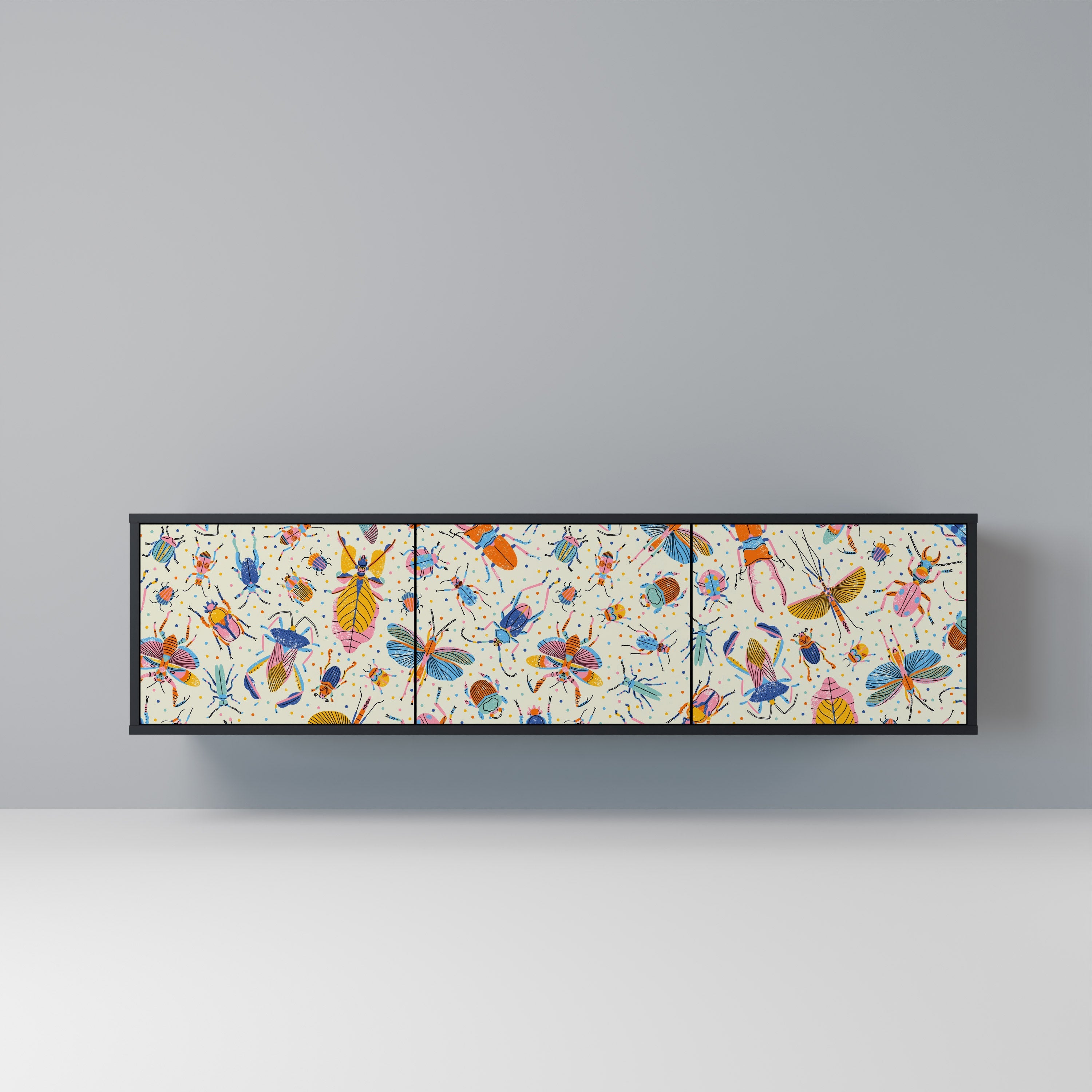 Meuble TV 3 portes COLORFUL INSECTS, finition noire