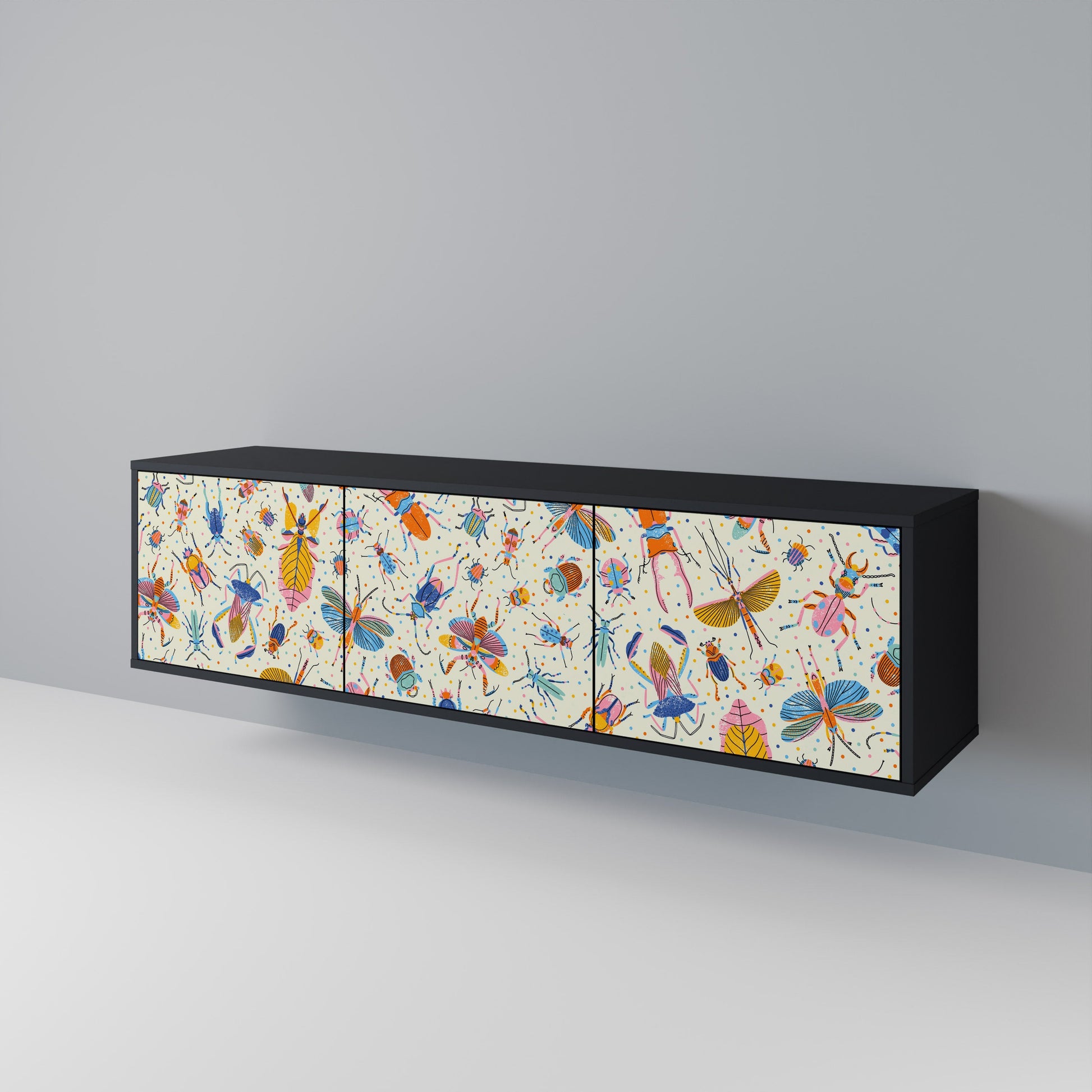 Meuble TV 3 portes COLORFUL INSECTS, finition noire