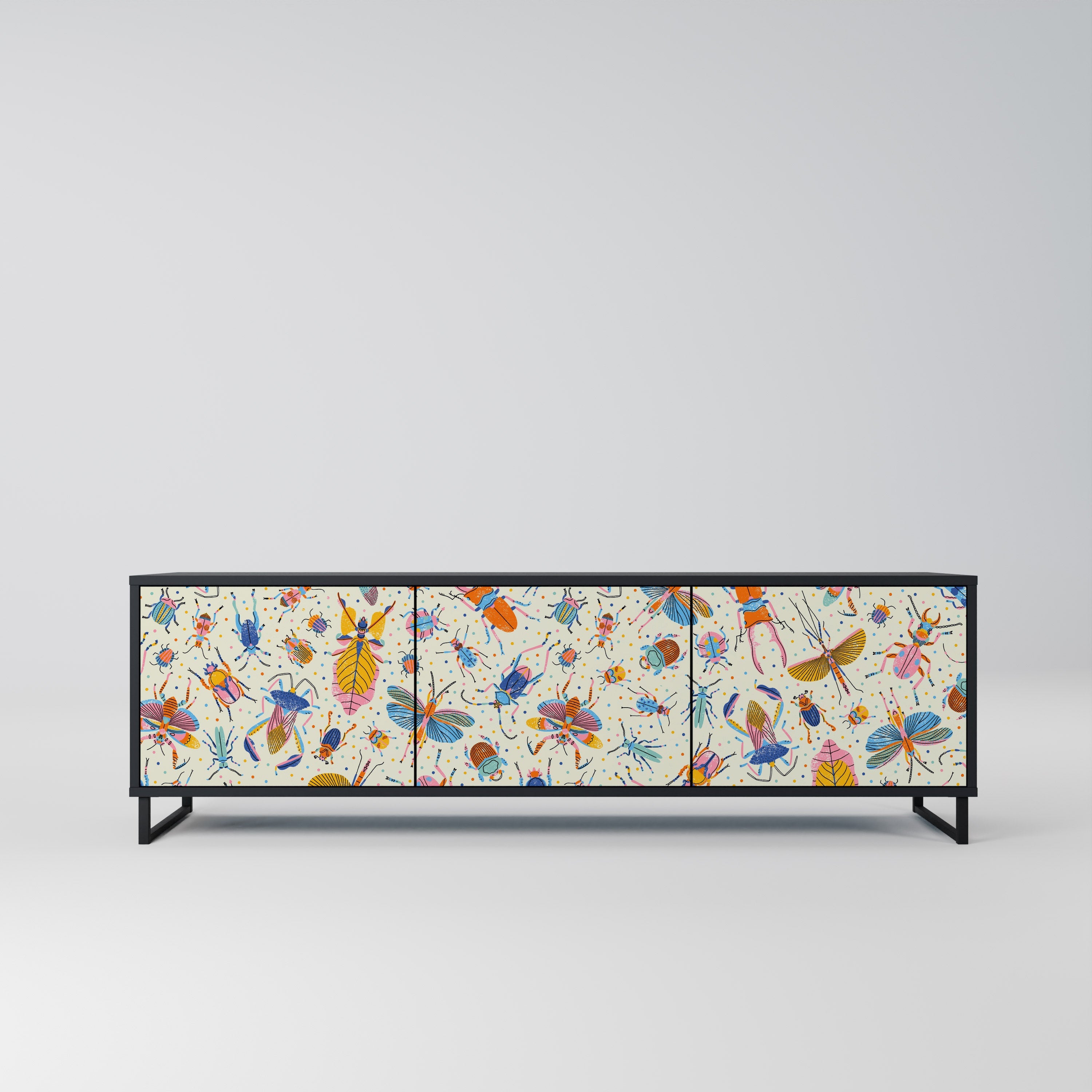 Meuble TV 3 portes COLORFUL INSECTS, finition noire