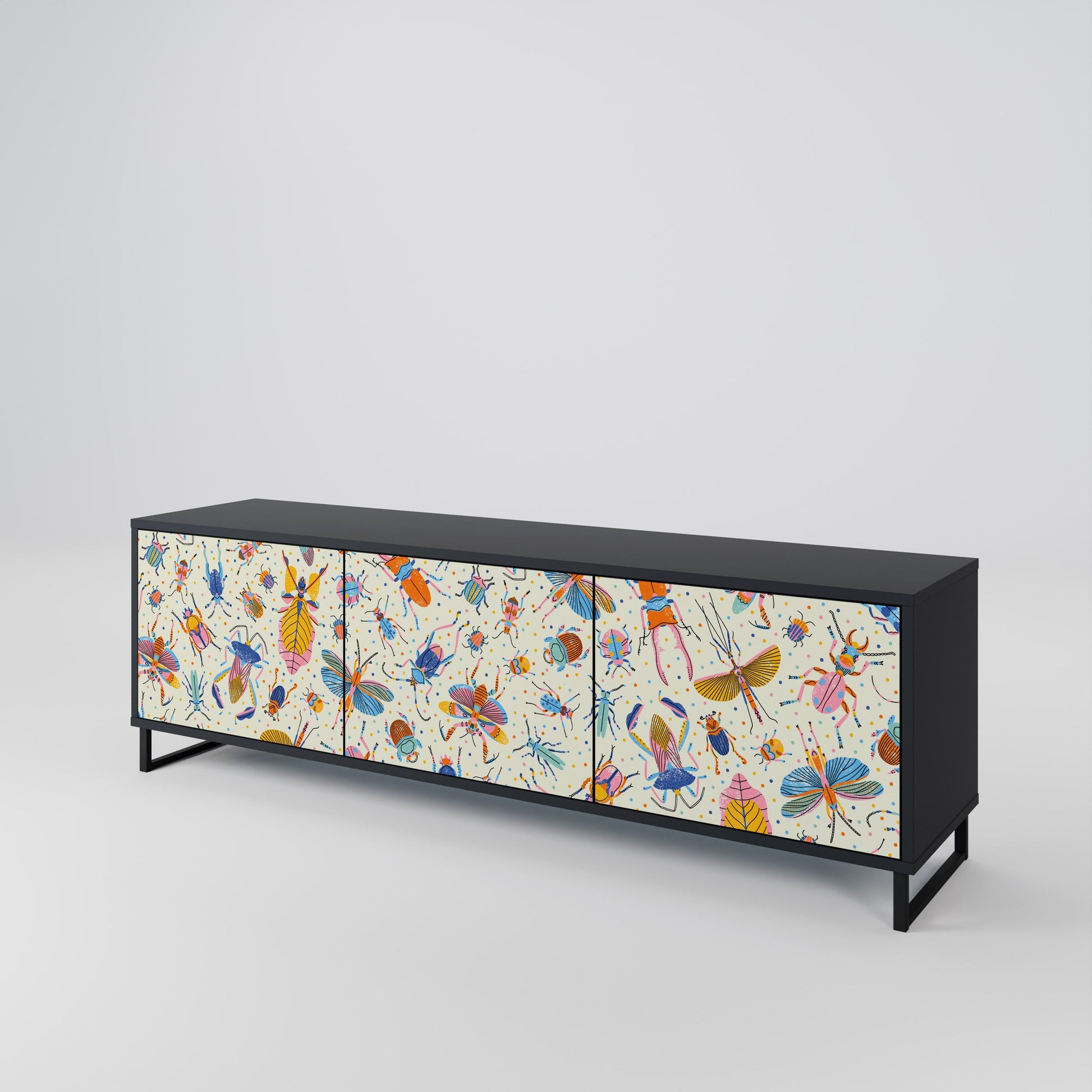 Meuble TV 3 portes COLORFUL INSECTS, finition noire