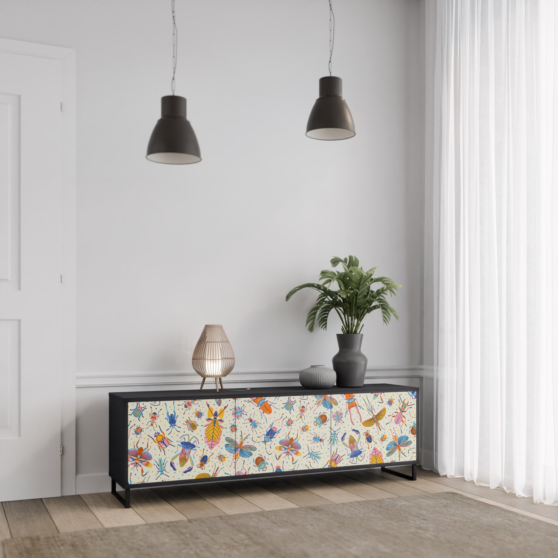 Meuble TV 3 portes COLORFUL INSECTS, finition noire