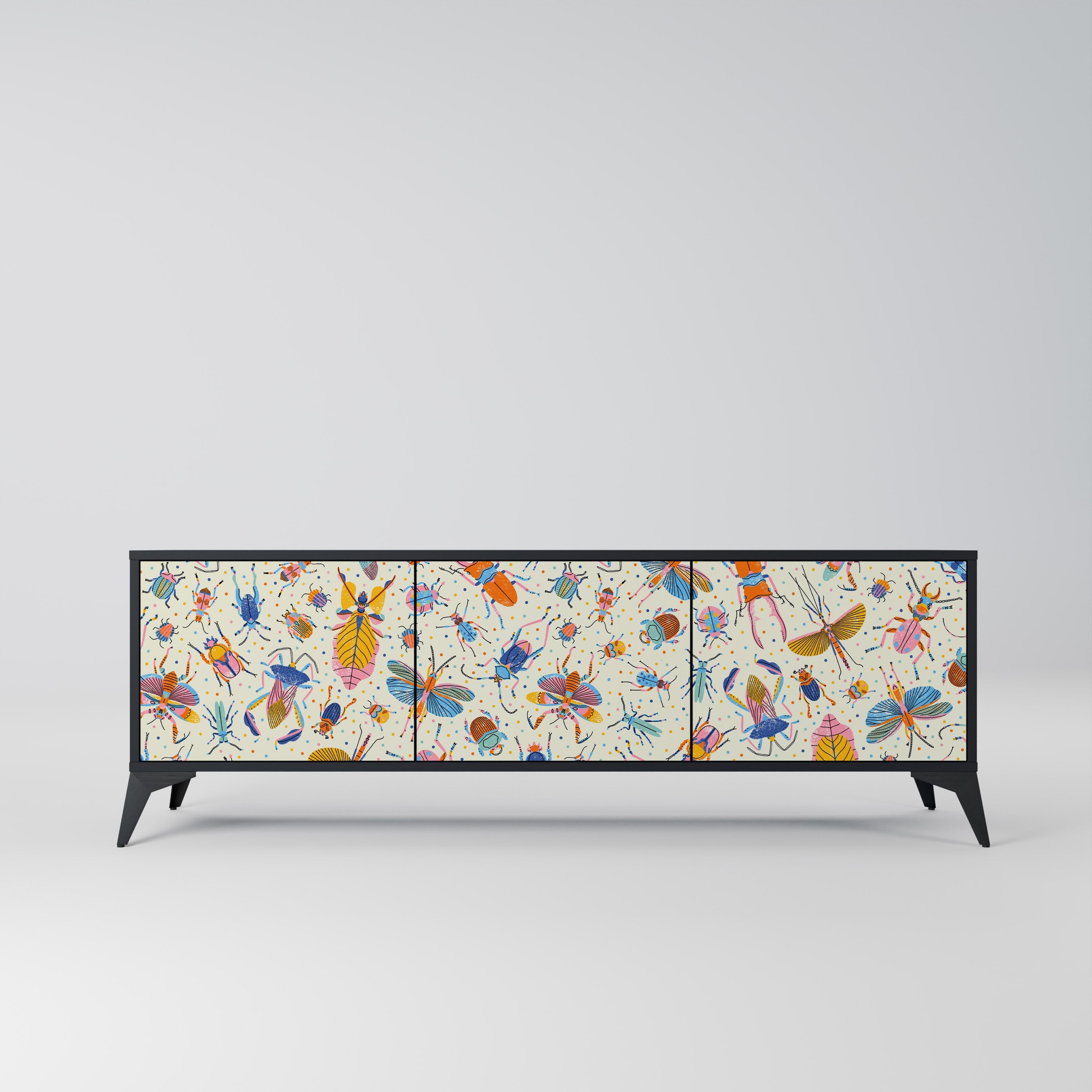 Meuble TV 3 portes COLORFUL INSECTS, finition noire