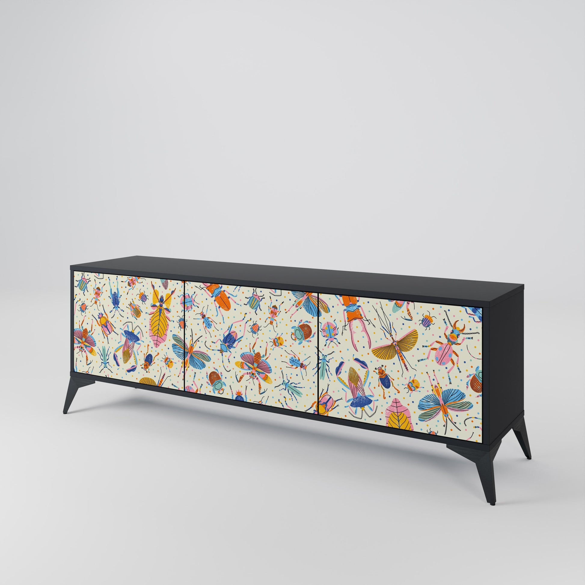 Meuble TV 3 portes COLORFUL INSECTS, finition noire