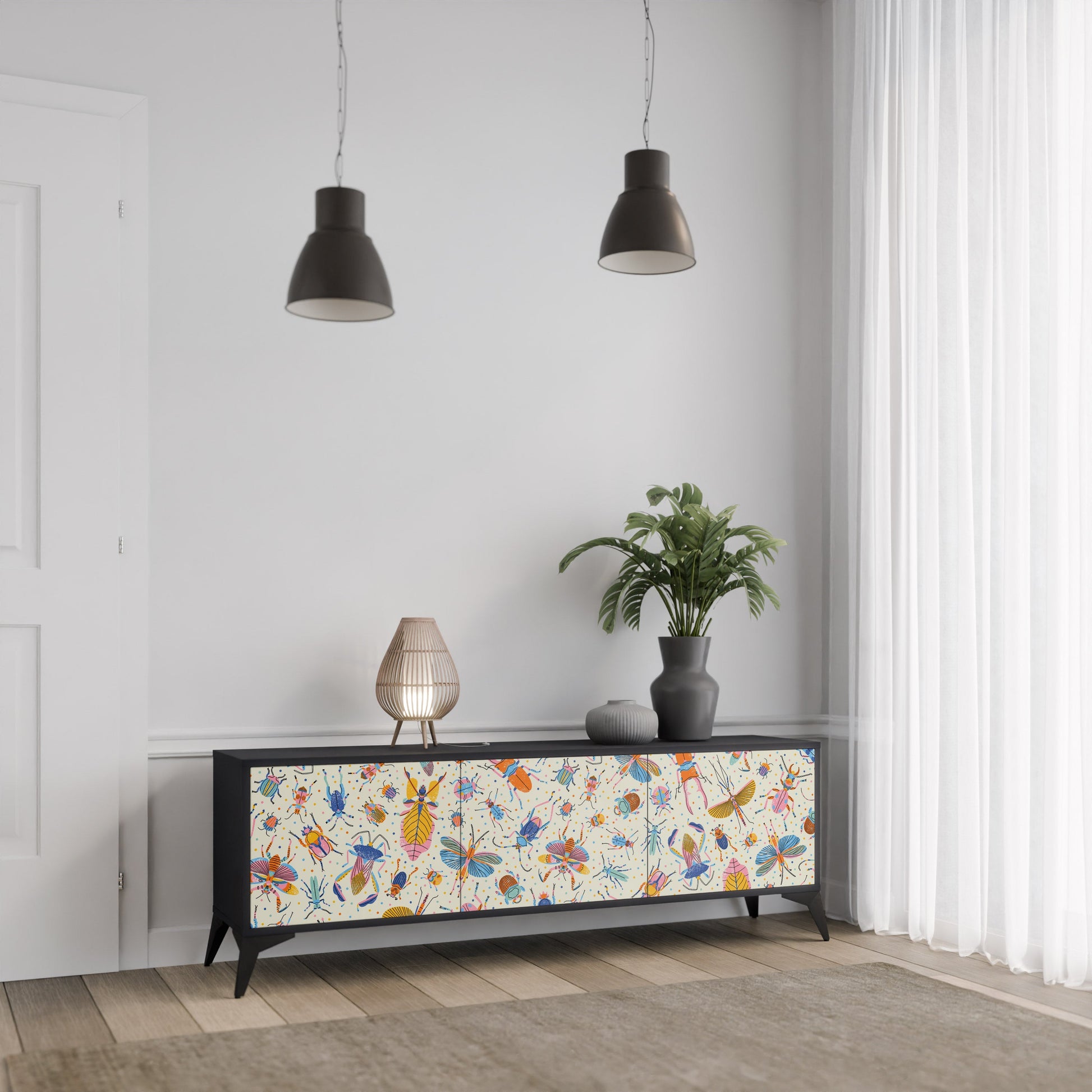 Meuble TV 3 portes COLORFUL INSECTS, finition noire