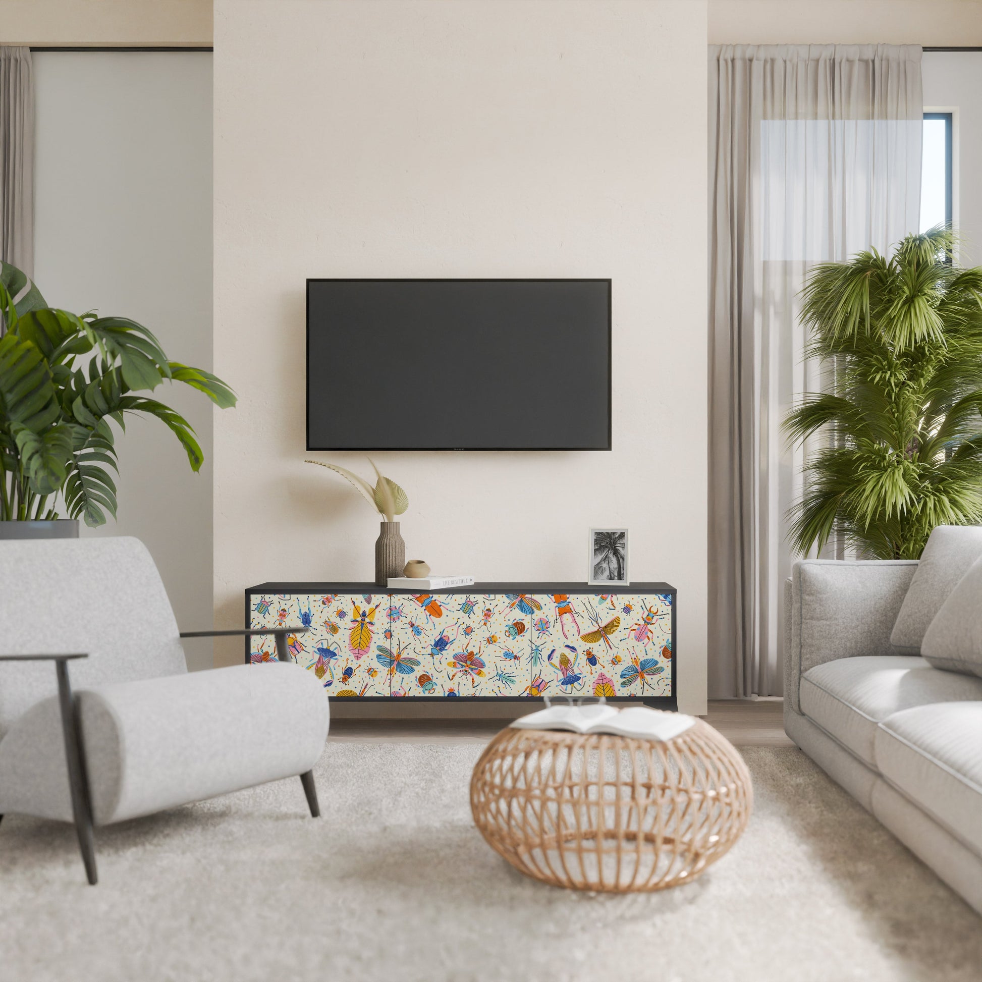 Meuble TV 3 portes COLORFUL INSECTS, finition noire
