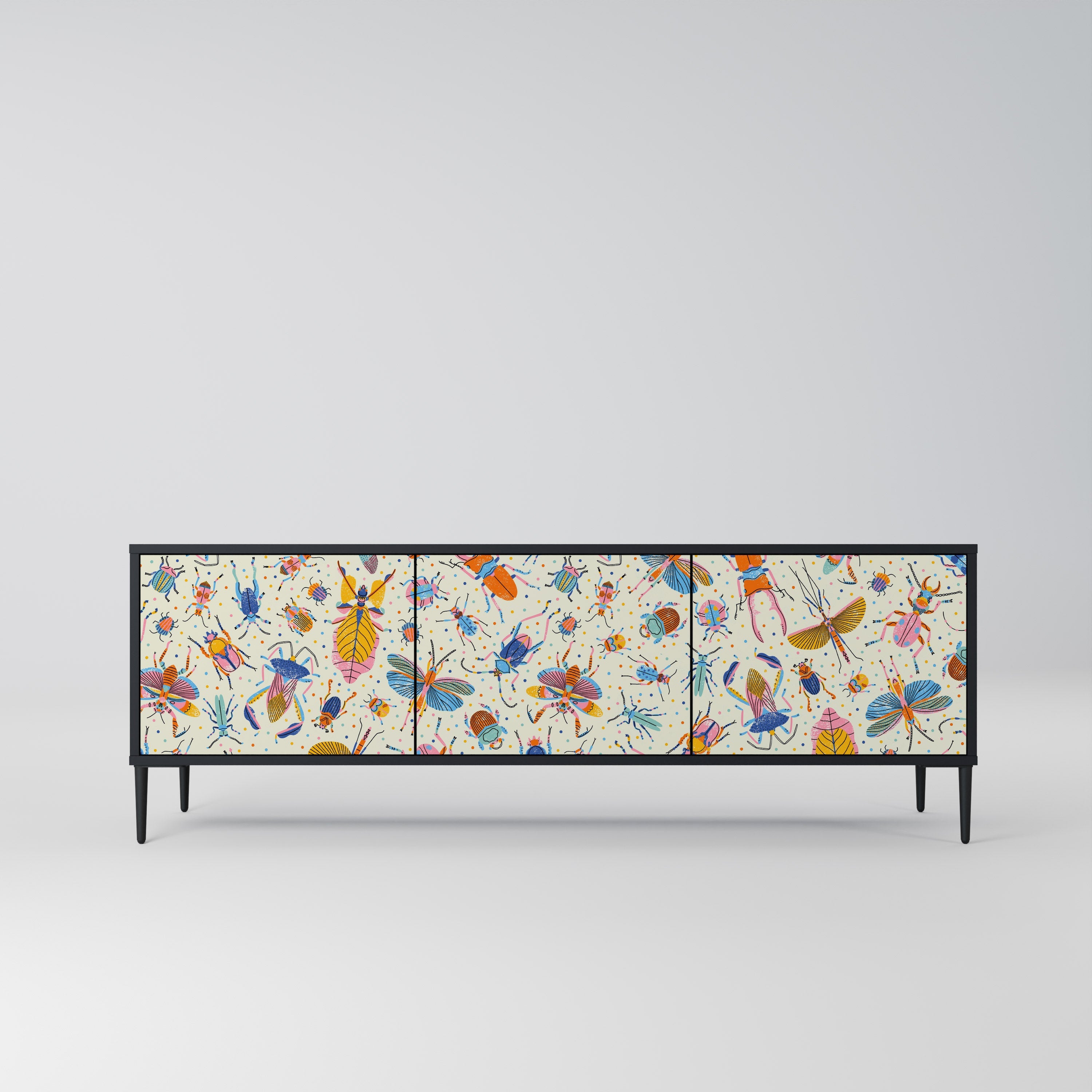 Meuble TV 3 portes COLORFUL INSECTS, finition noire