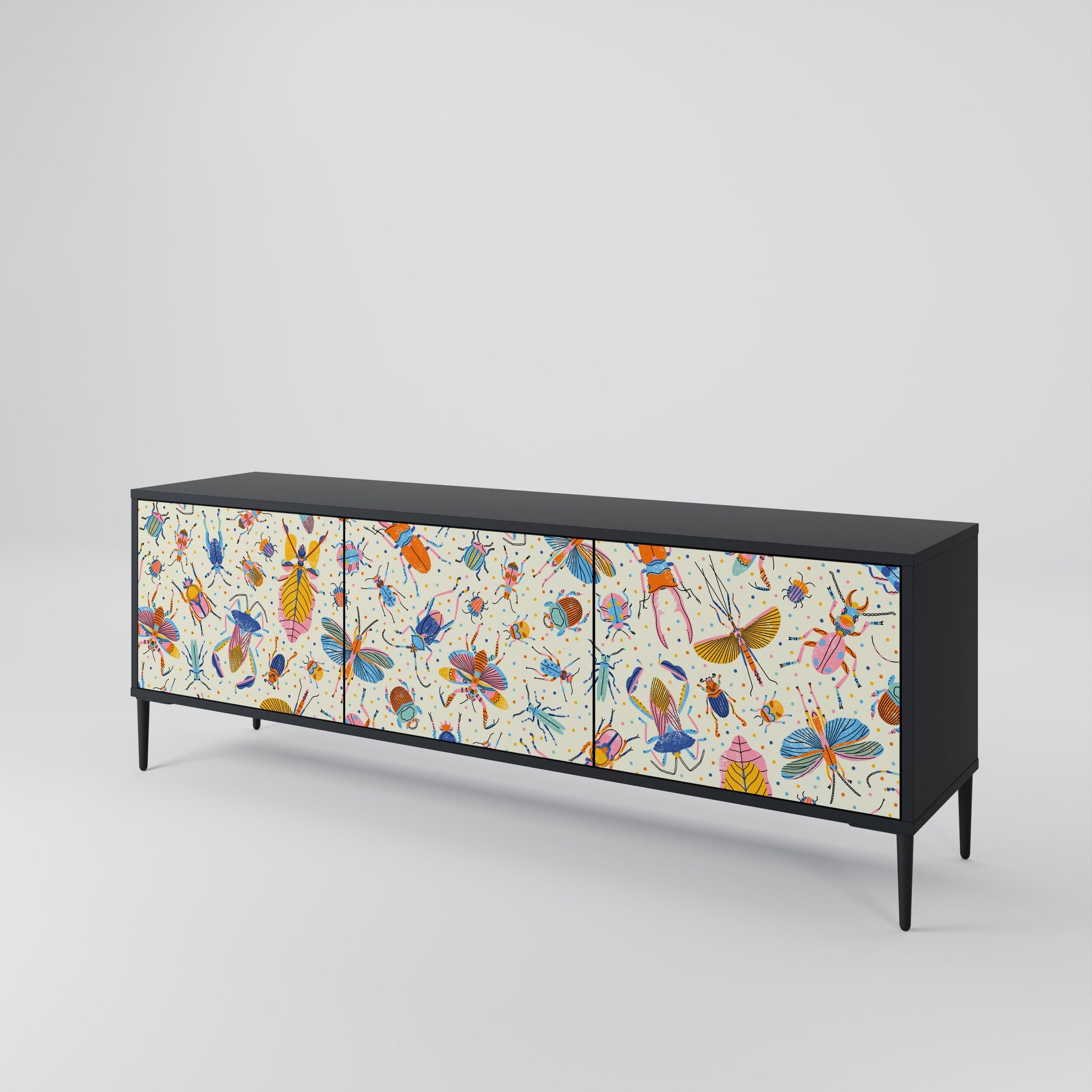 Meuble TV 3 portes COLORFUL INSECTS, finition noire