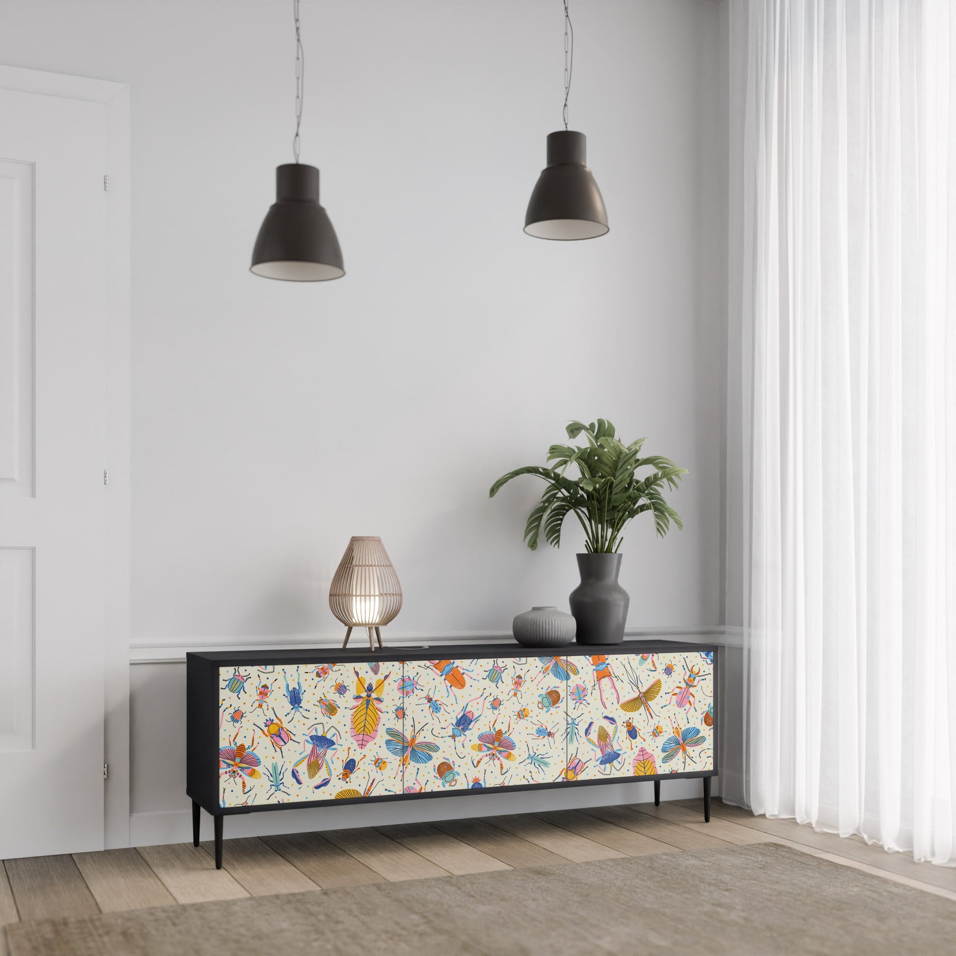 Meuble TV 3 portes COLORFUL INSECTS, finition noire