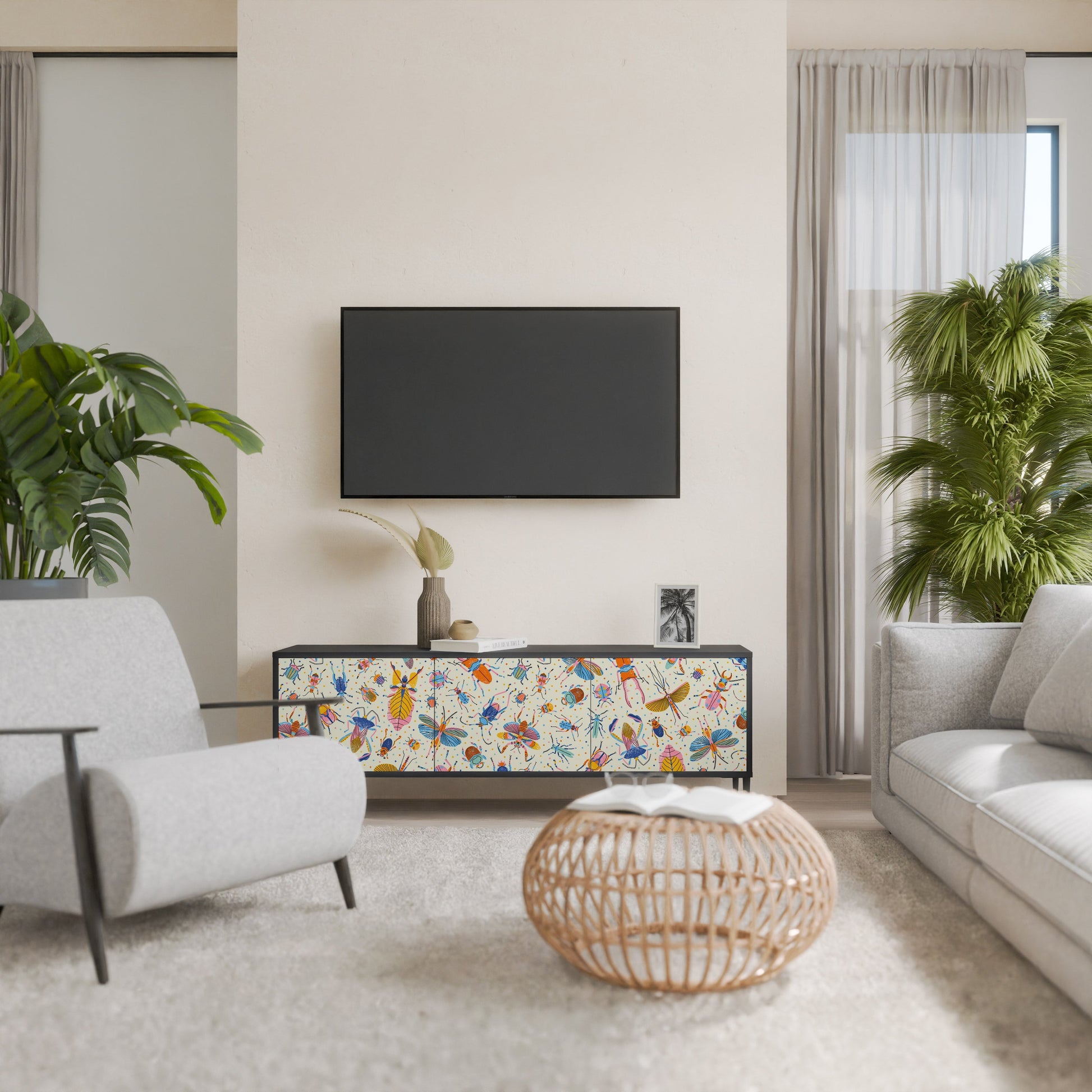 Meuble TV 3 portes COLORFUL INSECTS, finition noire