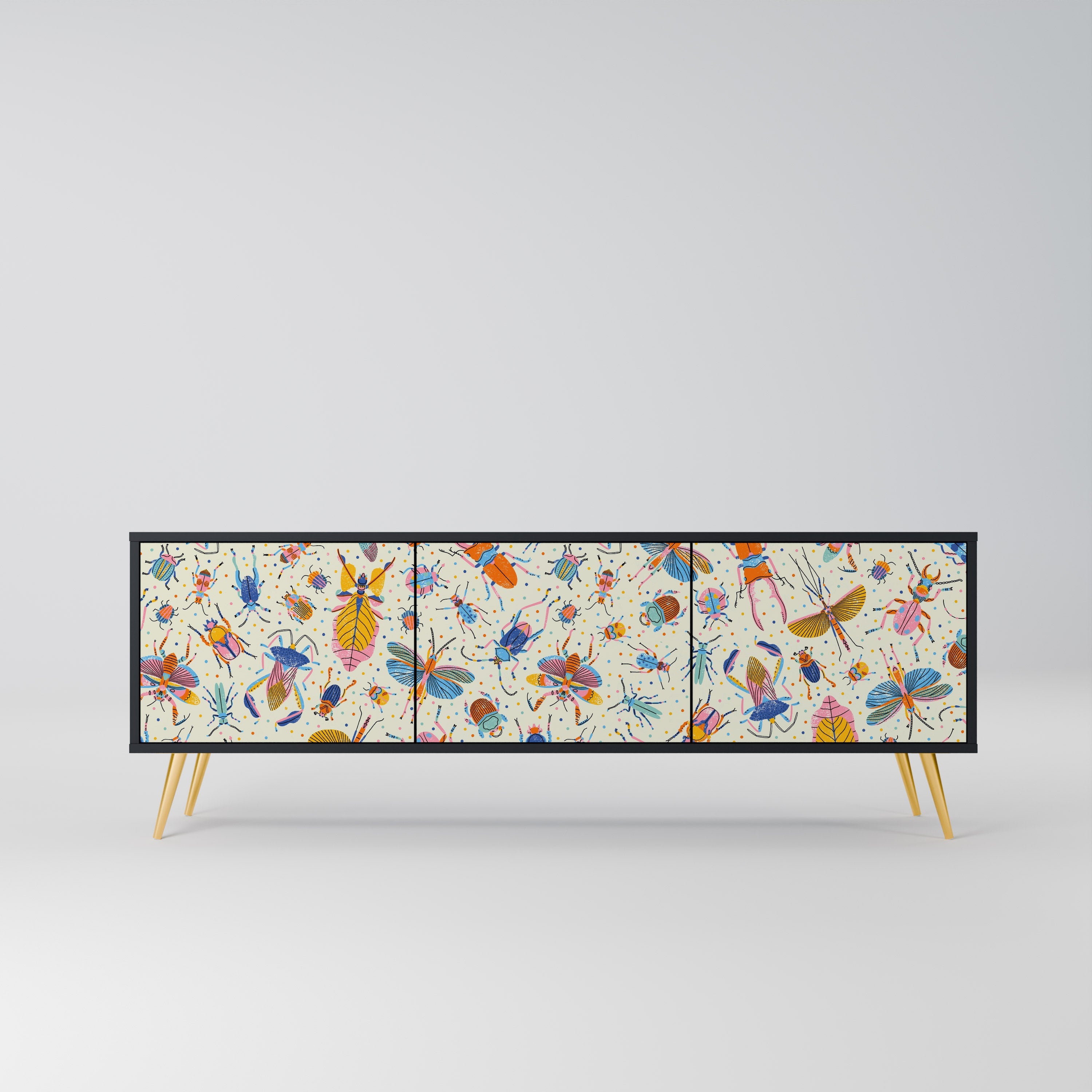 Meuble TV 3 portes COLORFUL INSECTS, finition noire