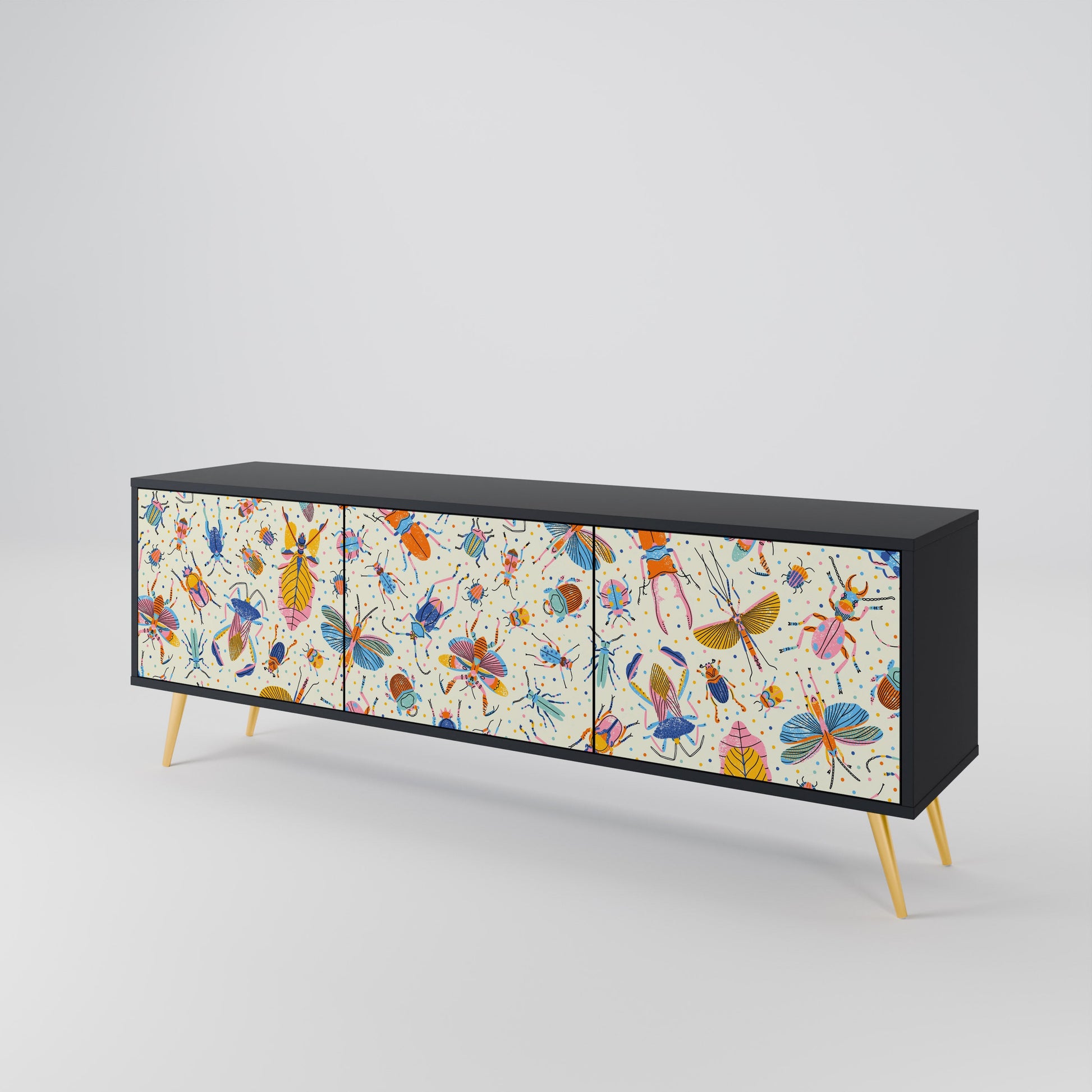 Meuble TV 3 portes COLORFUL INSECTS, finition noire