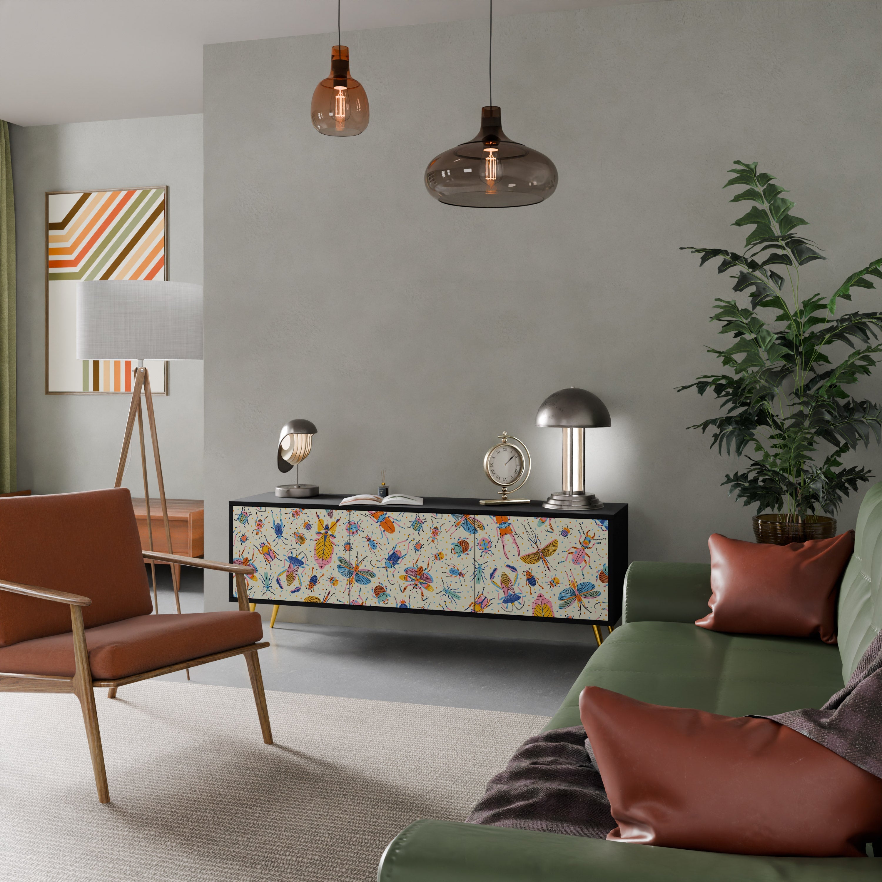 Meuble TV 3 portes COLORFUL INSECTS, finition noire