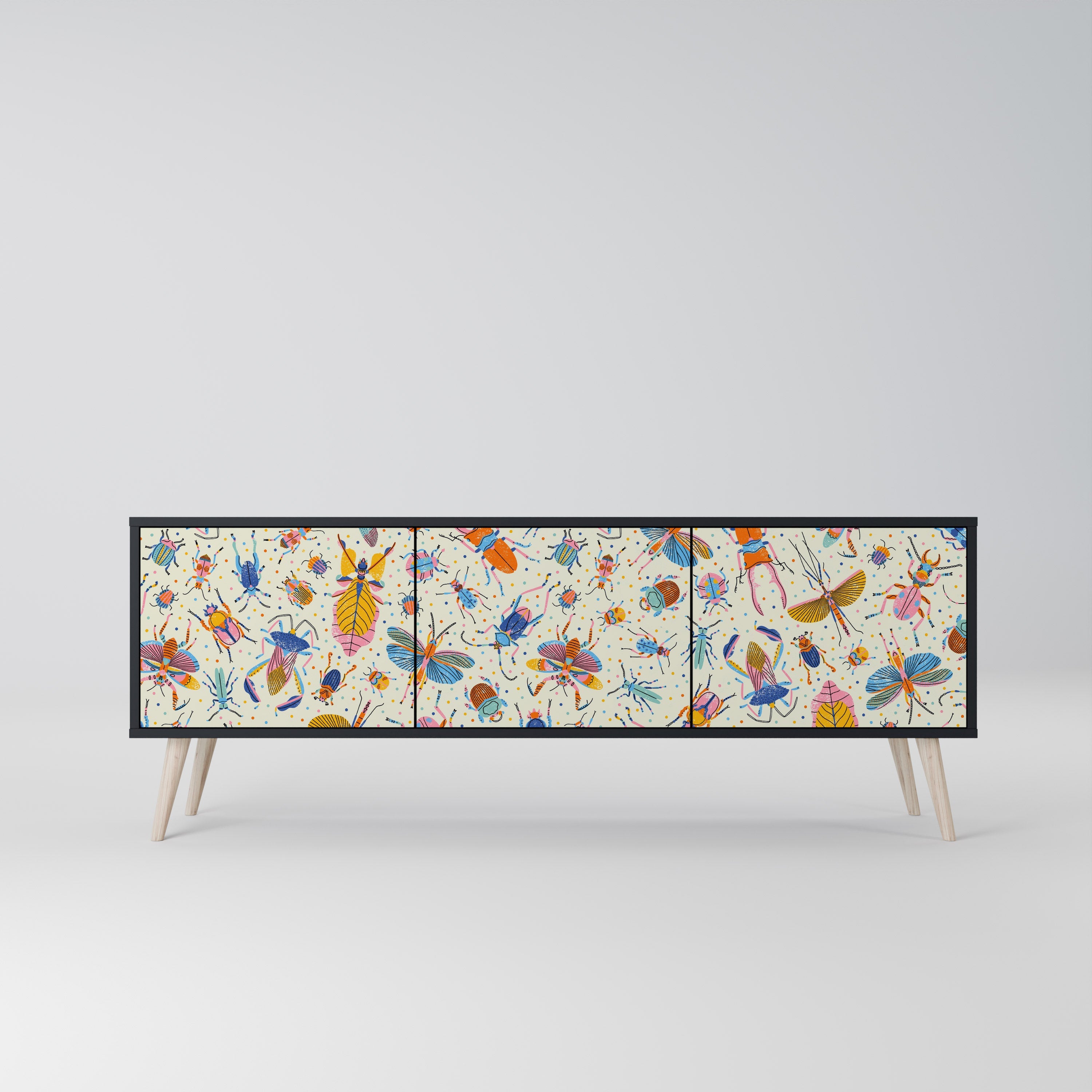 Meuble TV 3 portes COLORFUL INSECTS, finition noire