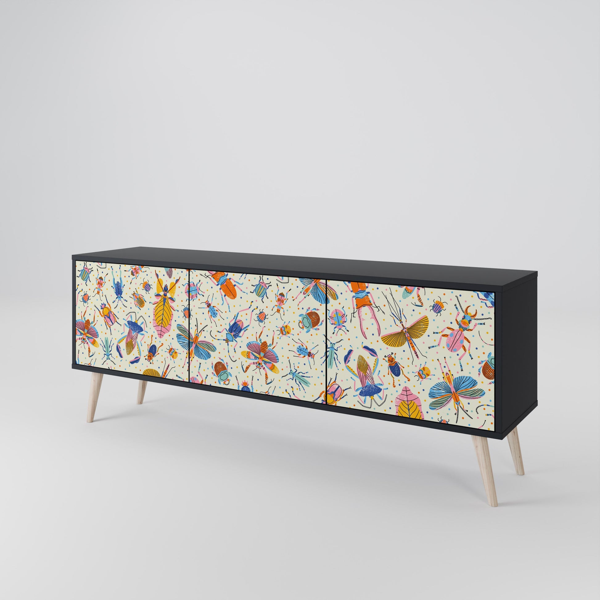 Meuble TV 3 portes COLORFUL INSECTS, finition noire