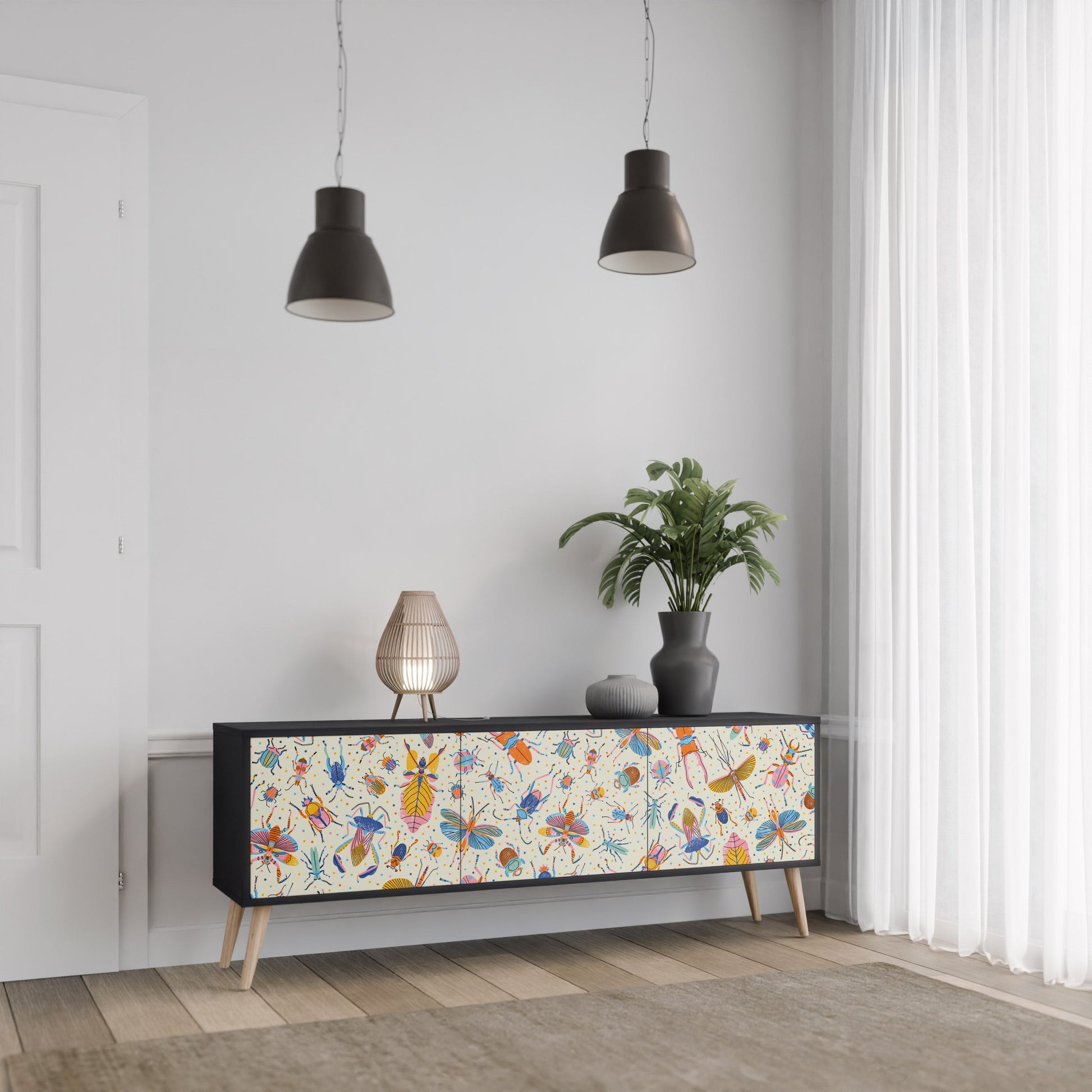 Meuble TV 3 portes COLORFUL INSECTS, finition noire