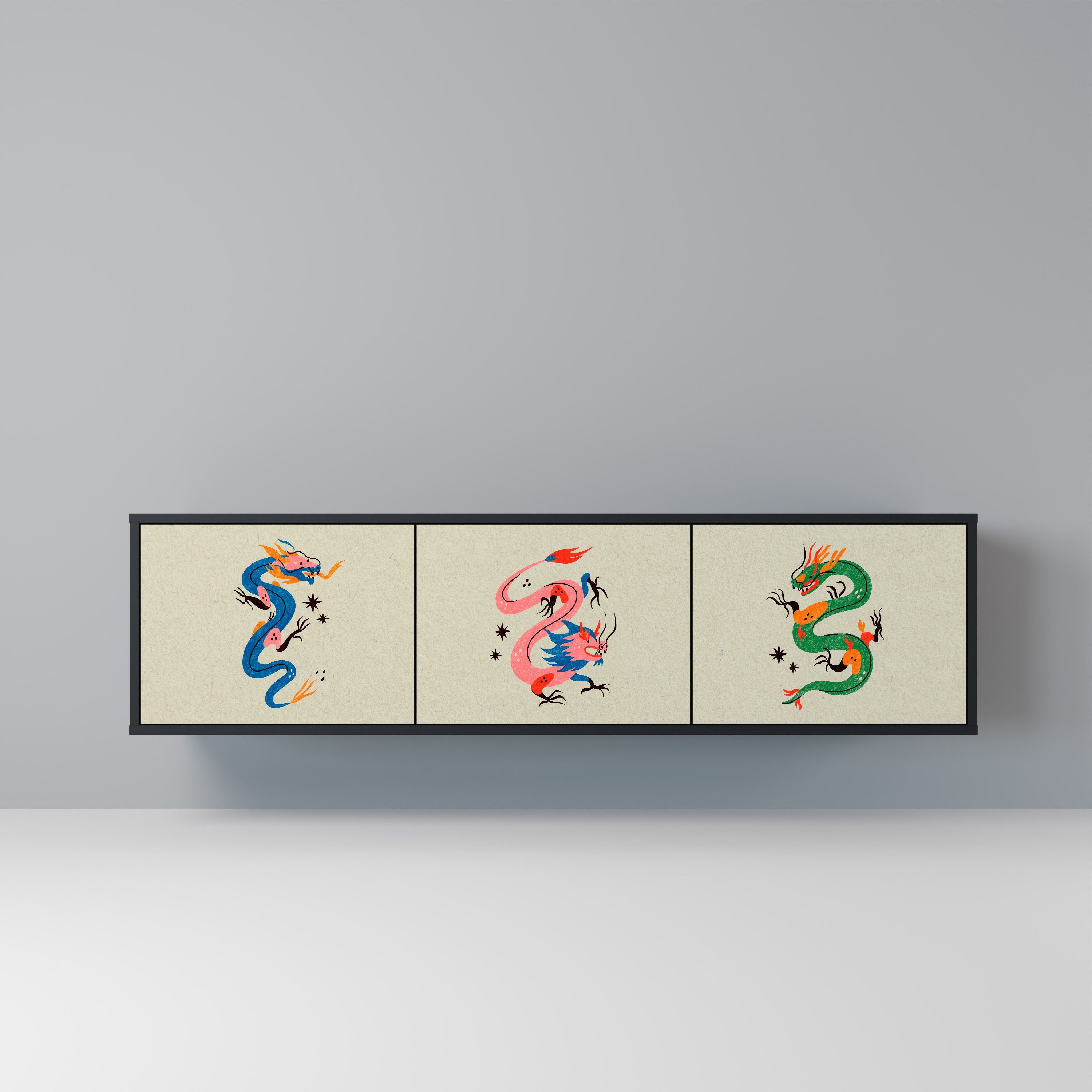 Meuble TV 3 portes MYTHOLOGICAL CREATURES en finition noire