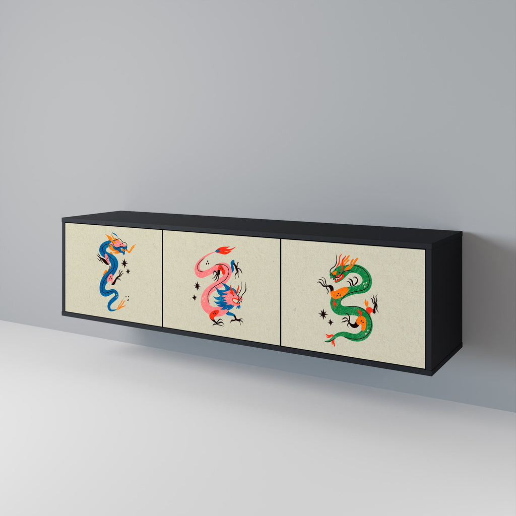 Meuble TV 3 portes MYTHOLOGICAL CREATURES en finition noire