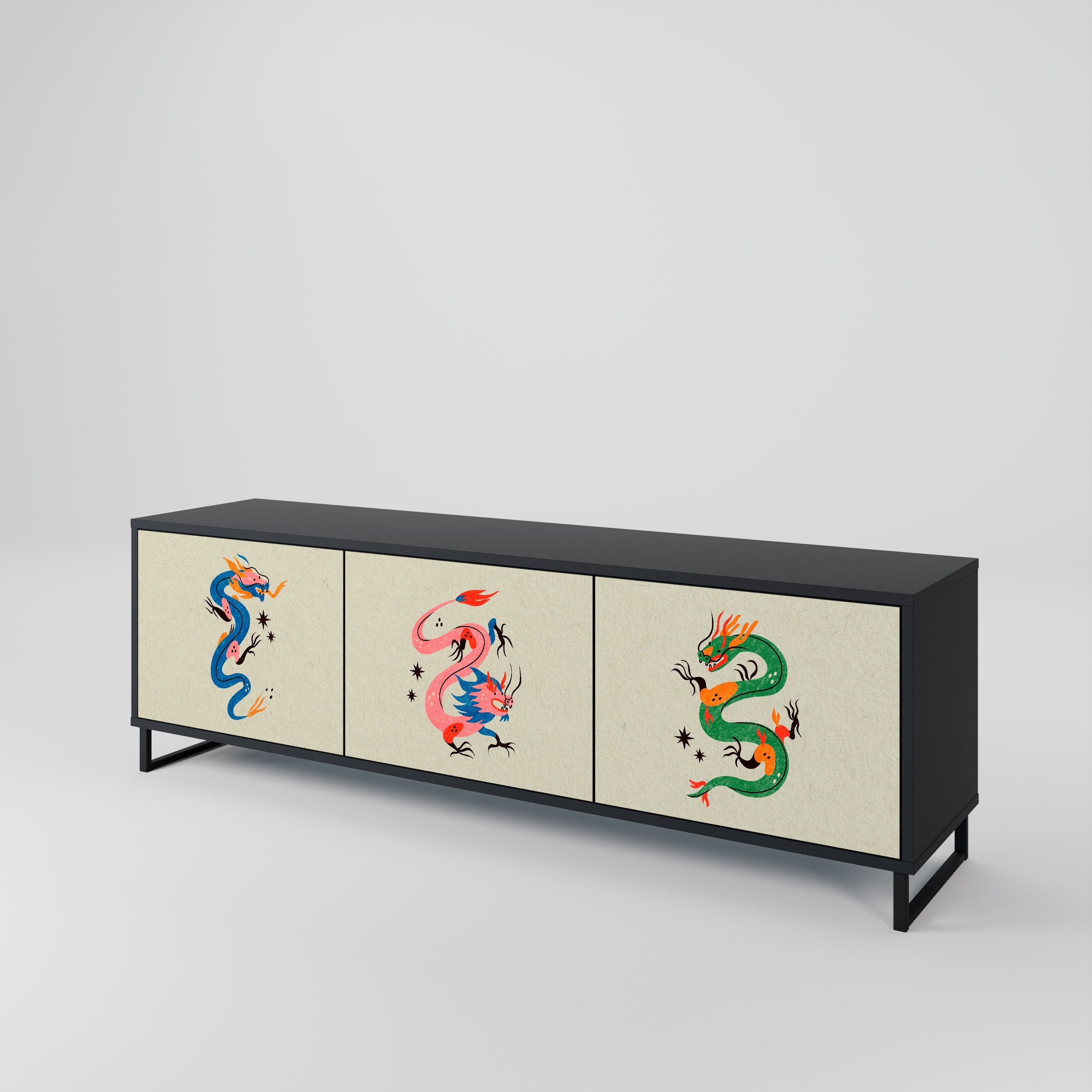 Meuble TV 3 portes MYTHOLOGICAL CREATURES en finition noire
