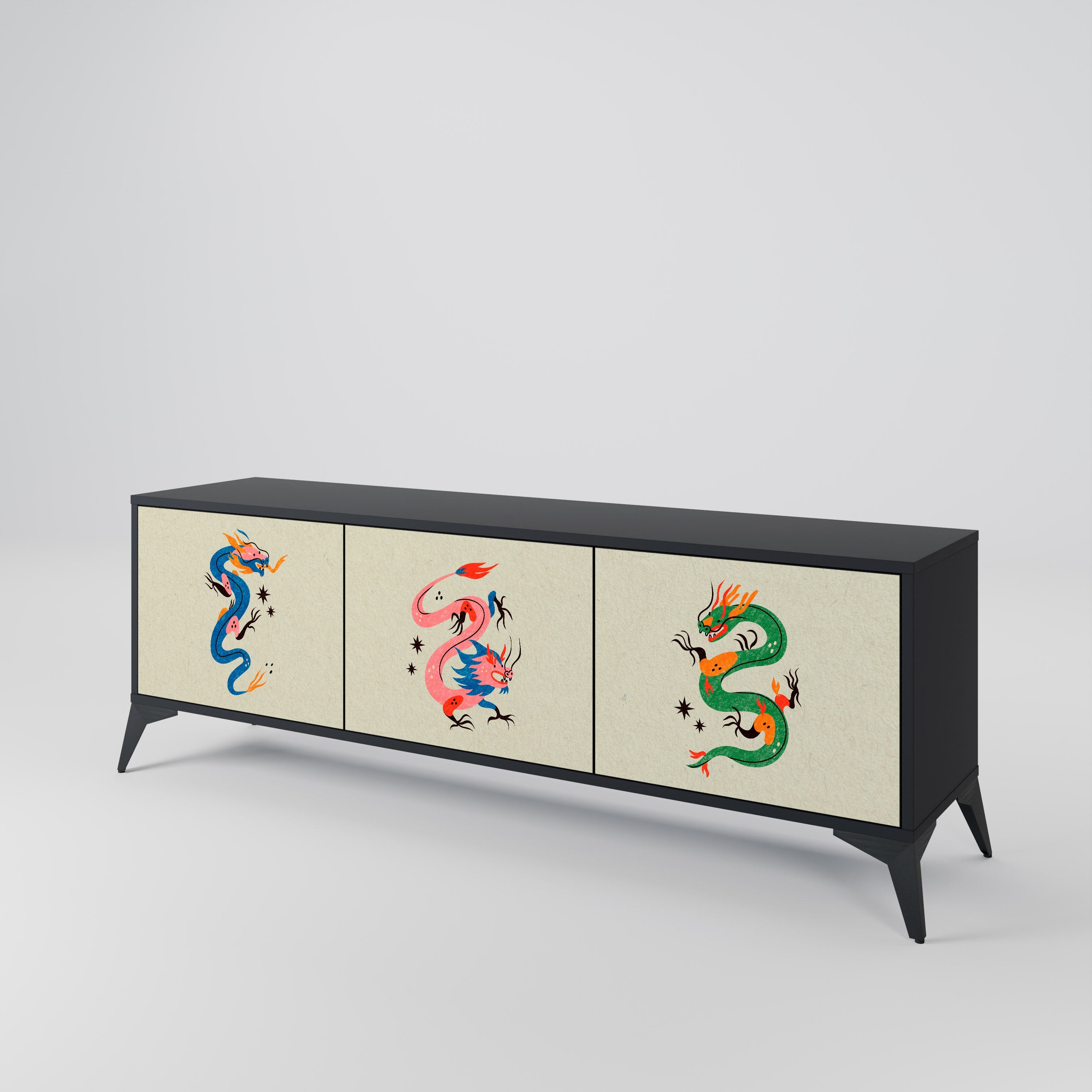 Meuble TV 3 portes MYTHOLOGICAL CREATURES en finition noire