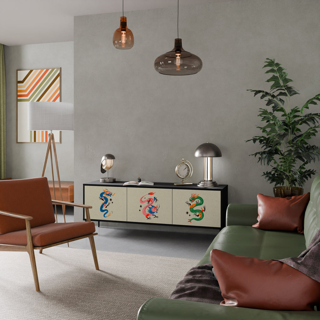 Meuble TV 3 portes MYTHOLOGICAL CREATURES en finition noire