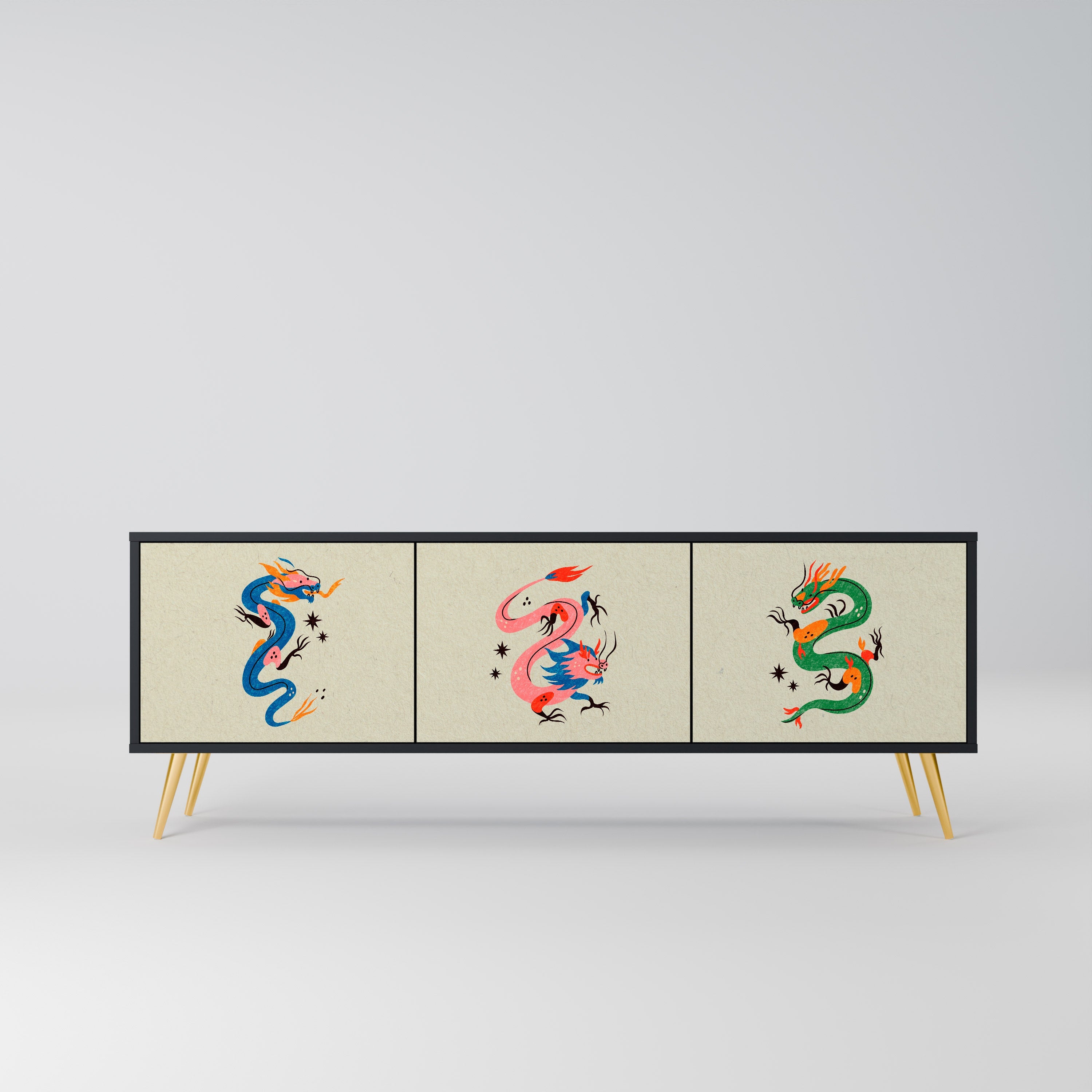 Meuble TV 3 portes MYTHOLOGICAL CREATURES en finition noire