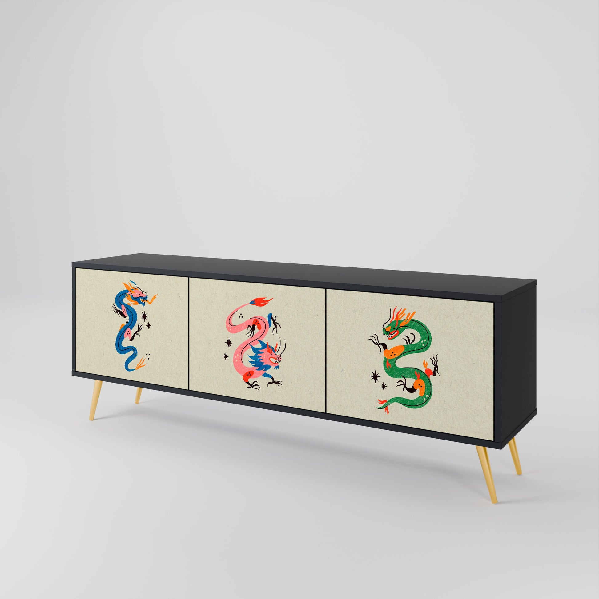 Meuble TV 3 portes MYTHOLOGICAL CREATURES en finition noire