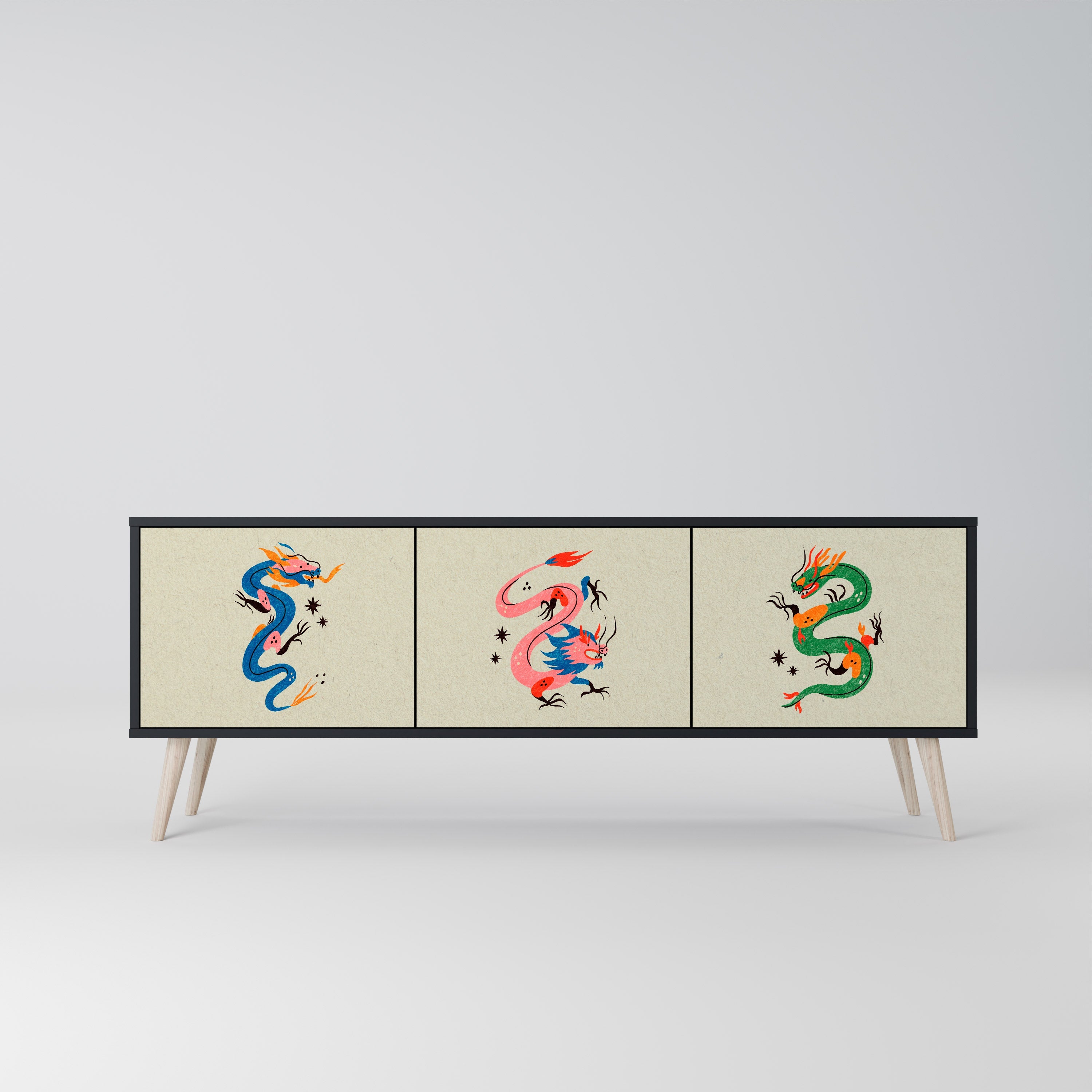 Meuble TV 3 portes MYTHOLOGICAL CREATURES en finition noire