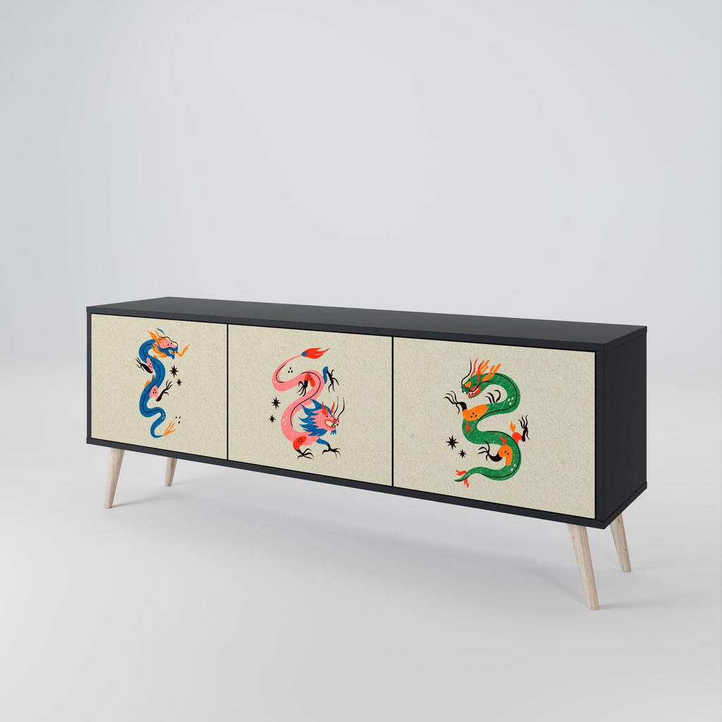 Meuble TV 3 portes MYTHOLOGICAL CREATURES en finition noire