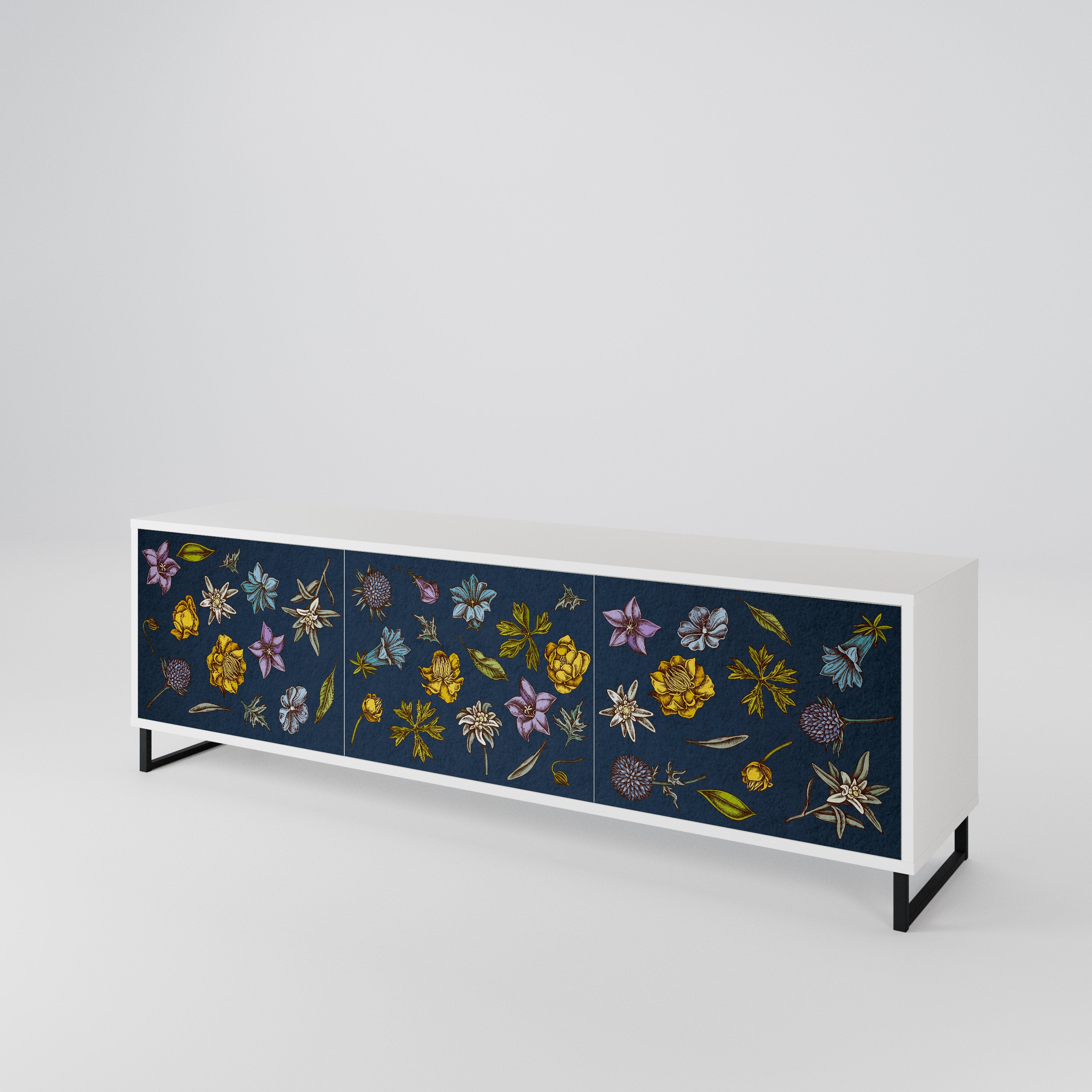FLOWERS ON NAVY BLUE 3-Door TV Cabinet