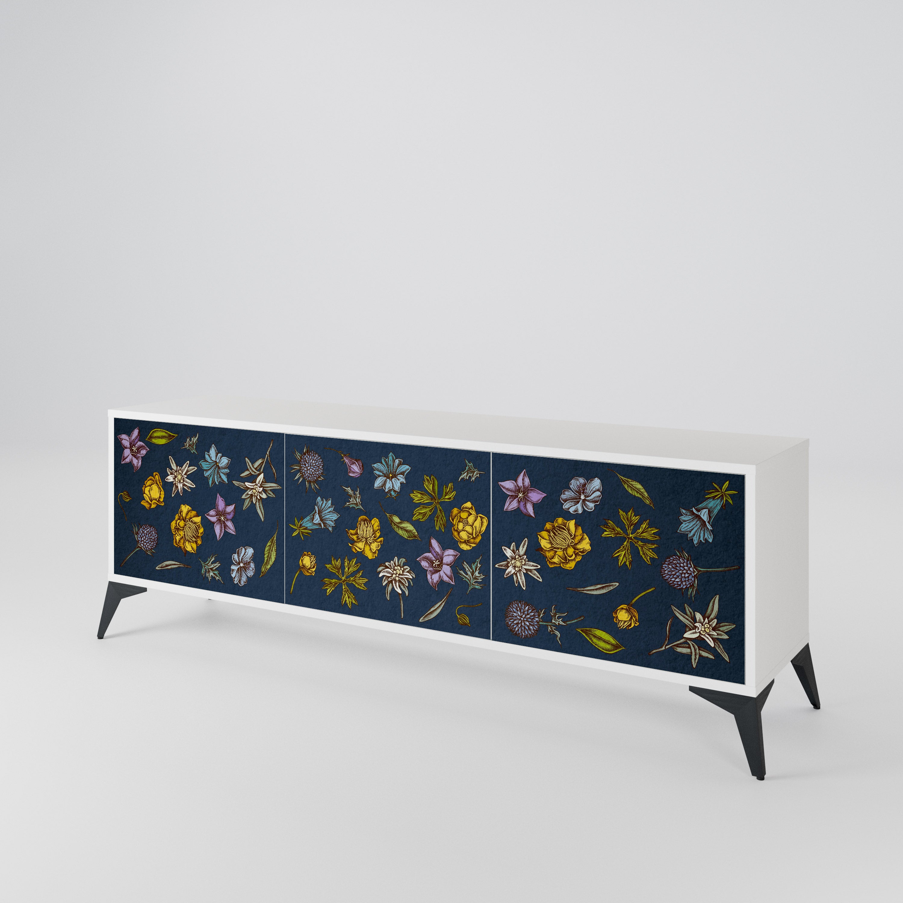 FLOWERS ON NAVY BLUE 3-Door TV Cabinet