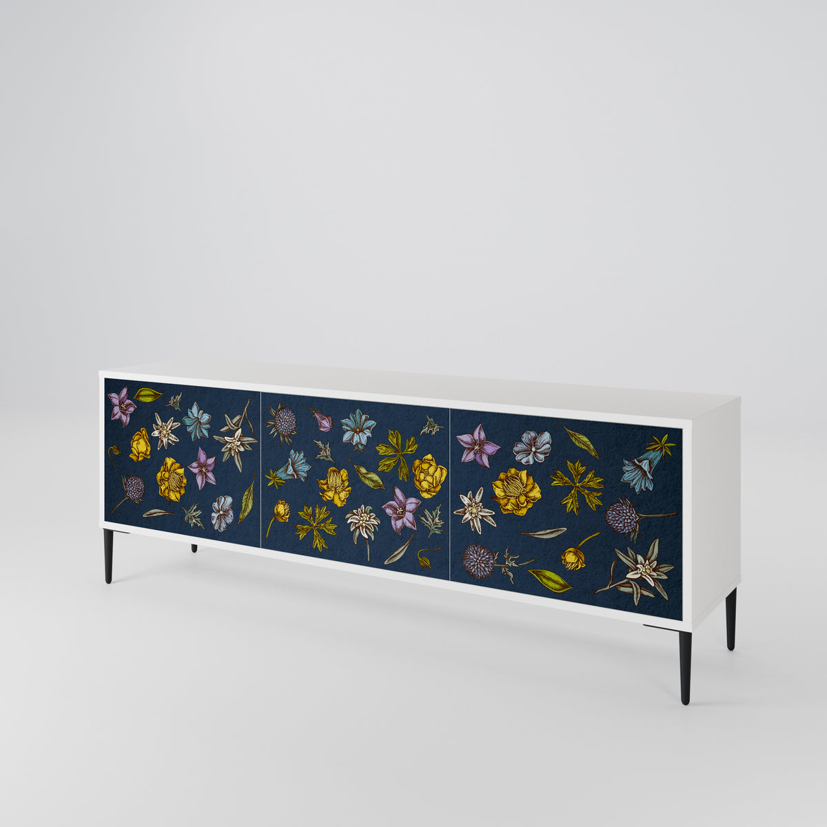 FLOWERS ON NAVY BLUE 3-Door TV Cabinet