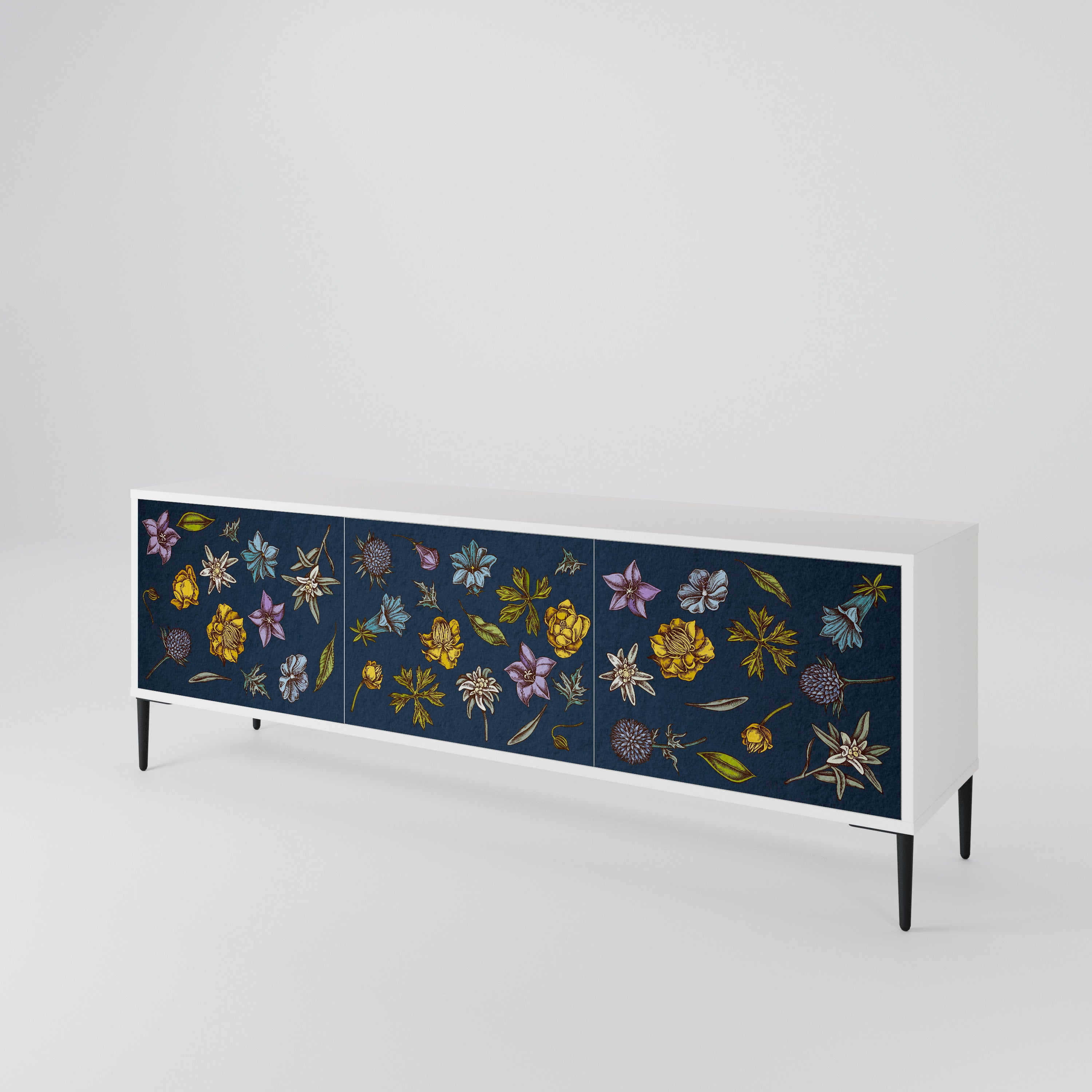FLOWERS ON NAVY BLUE 3-Door TV Cabinet