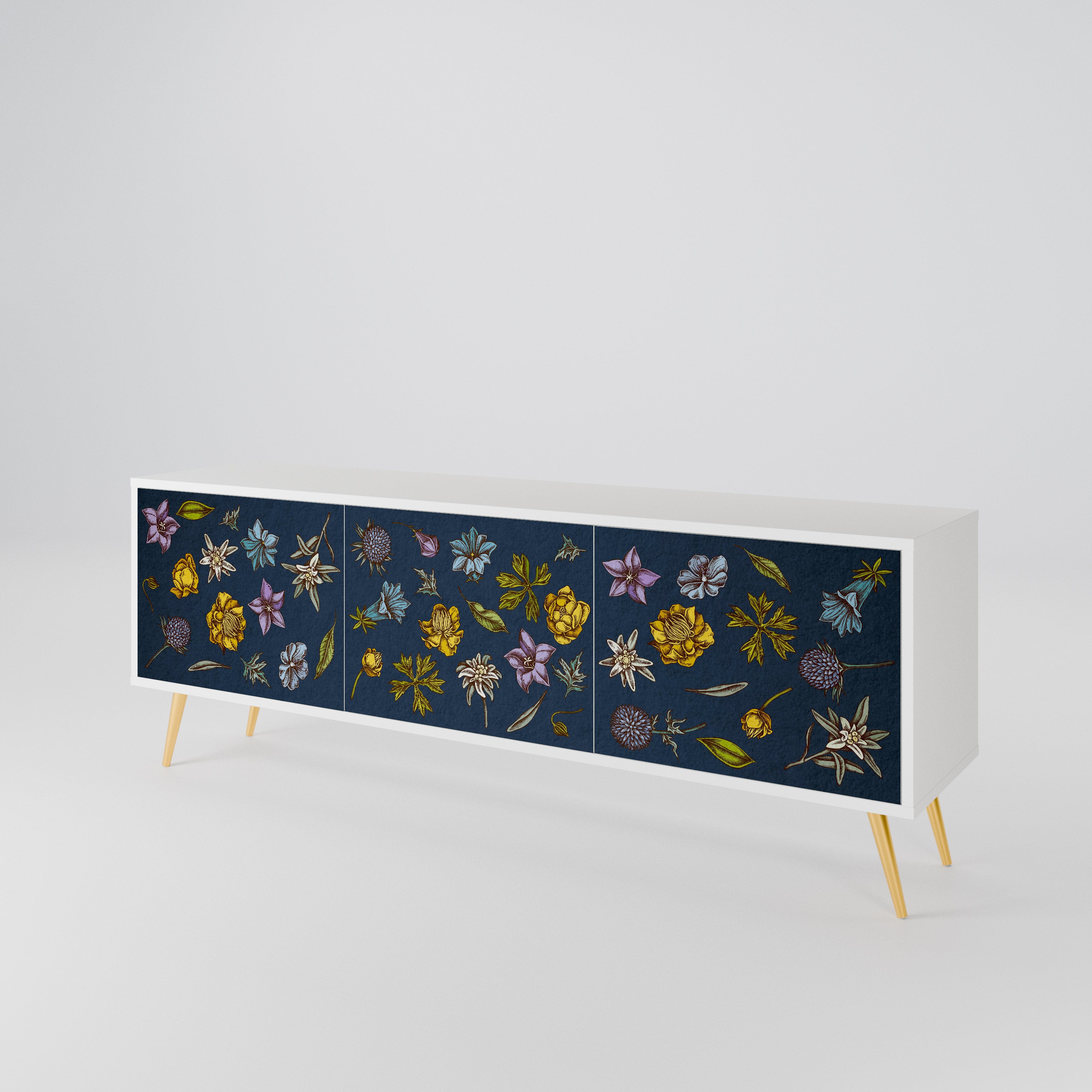 FLOWERS ON NAVY BLUE 3-Door TV Cabinet