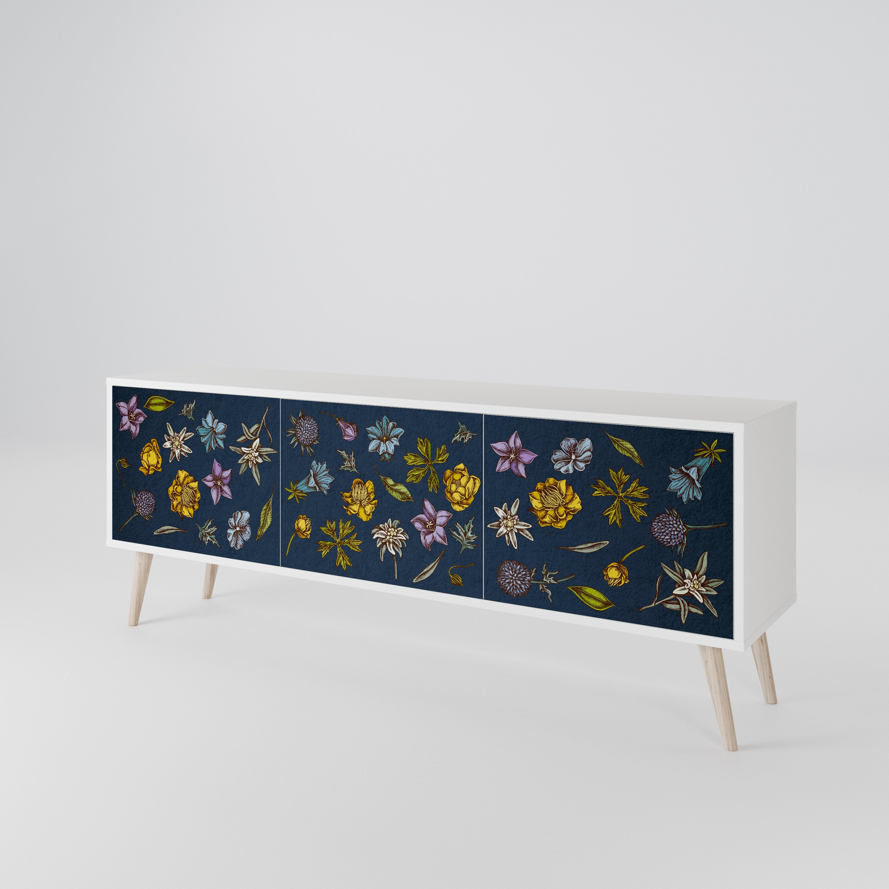 FLOWERS ON NAVY BLUE 3-Door TV Cabinet