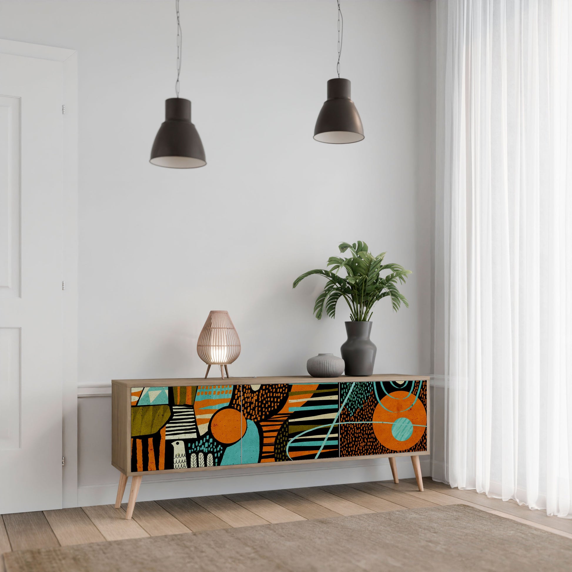 Meuble TV 3 portes GEODE GLIMMER effet chêne