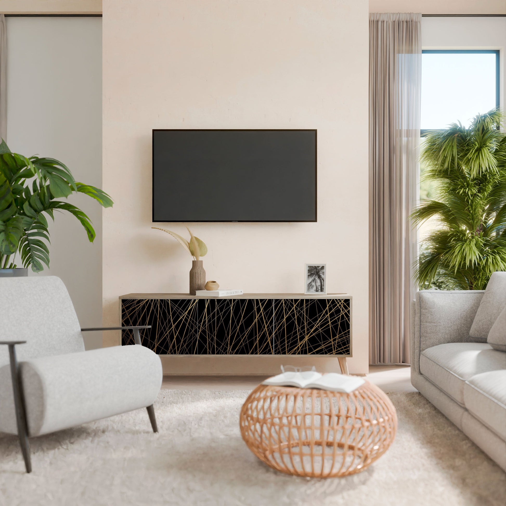 Meuble TV 3 portes BRIGHT MESH effet chêne