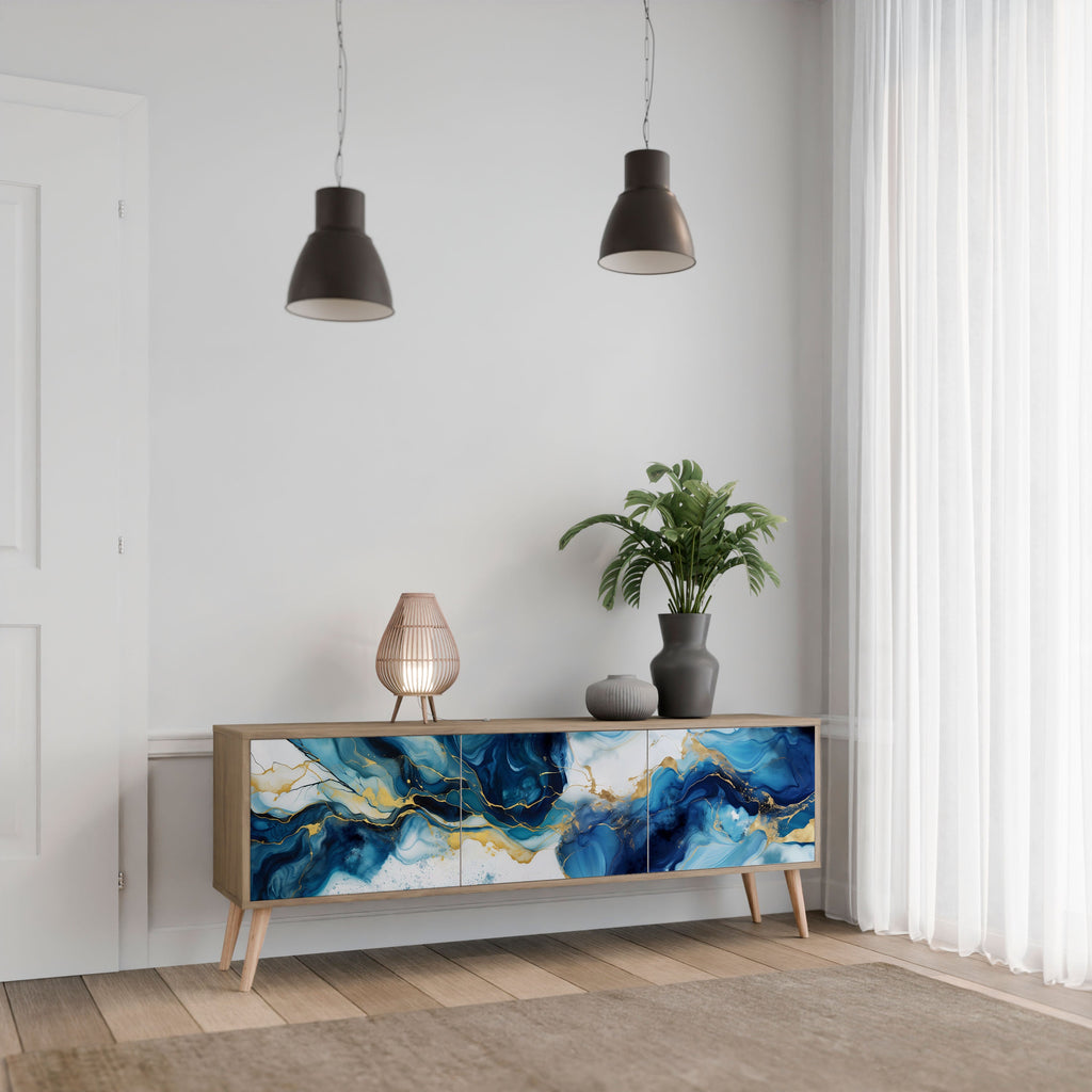 Meuble TV 3 portes en marbre Inky effet chêne