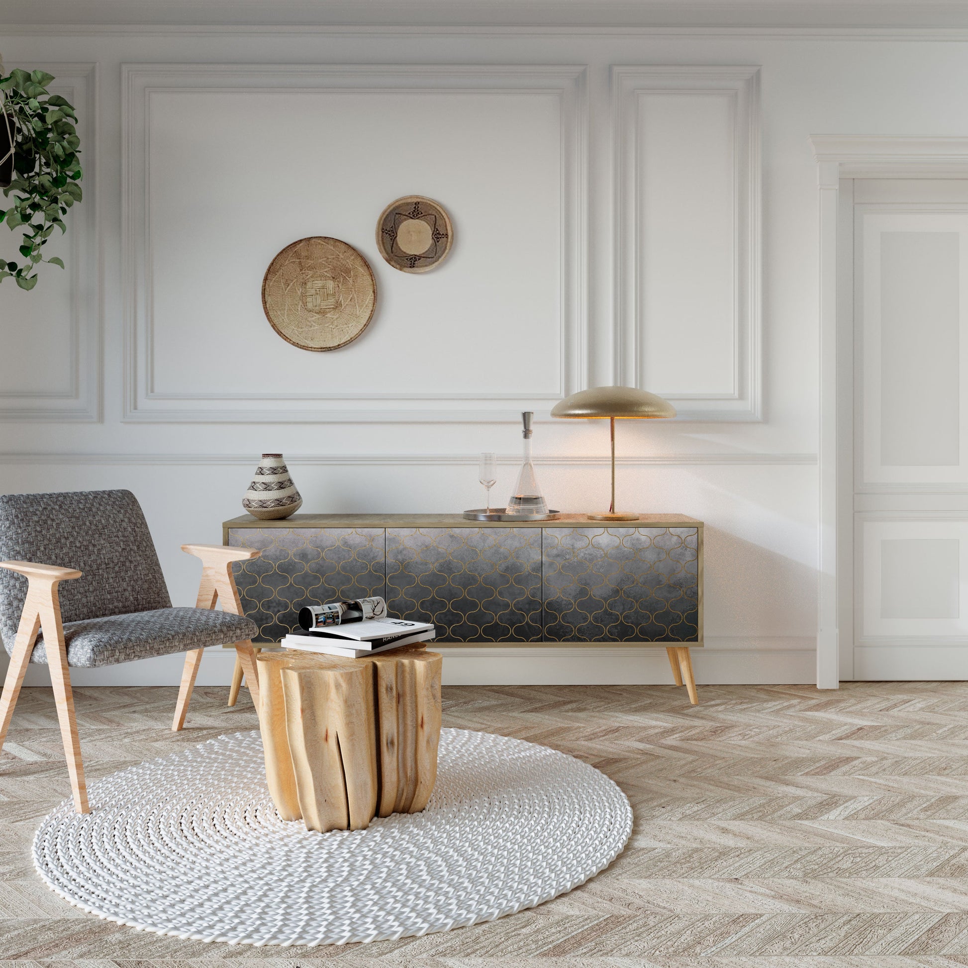 Meuble TV 3 portes effet chêne grisé à motifs mosaïques