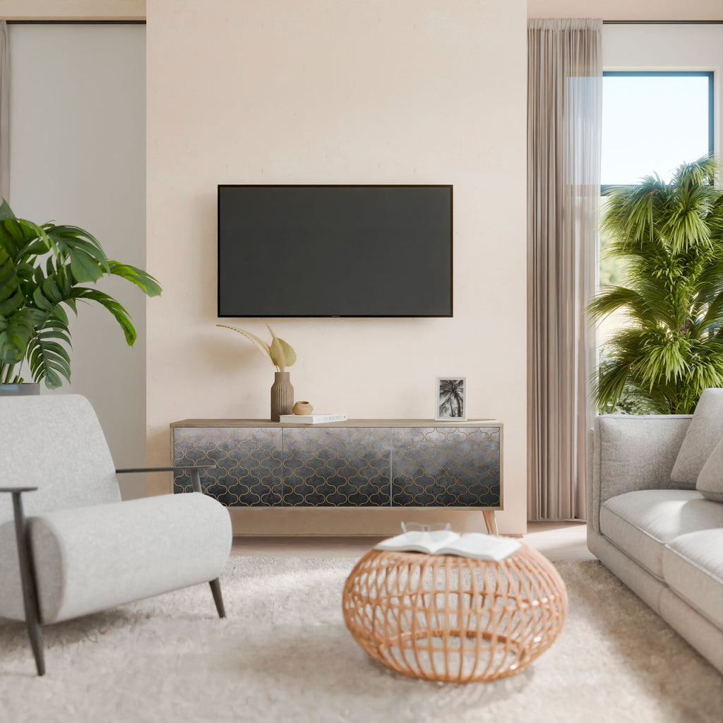 Meuble TV 3 portes effet chêne grisé à motifs mosaïques