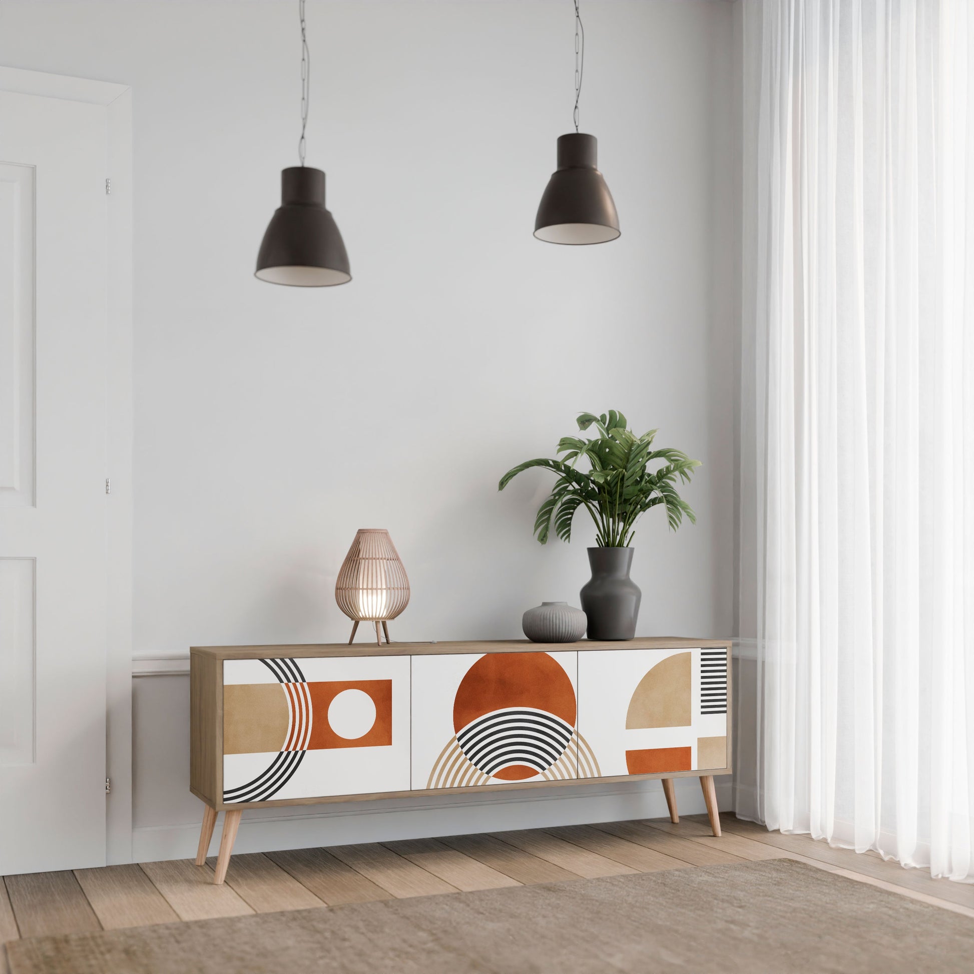 Meuble TV 3 portes CIRCLE RHYTM effet chêne