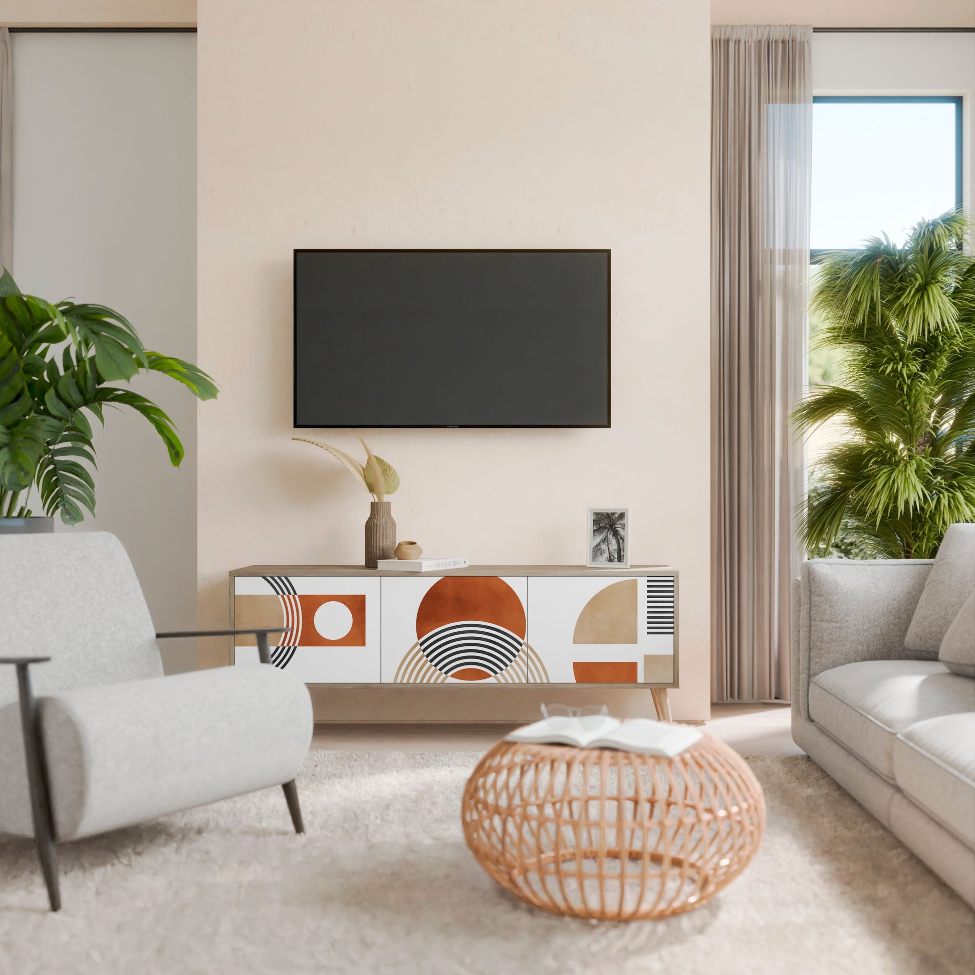 Meuble TV 3 portes CIRCLE RHYTM effet chêne