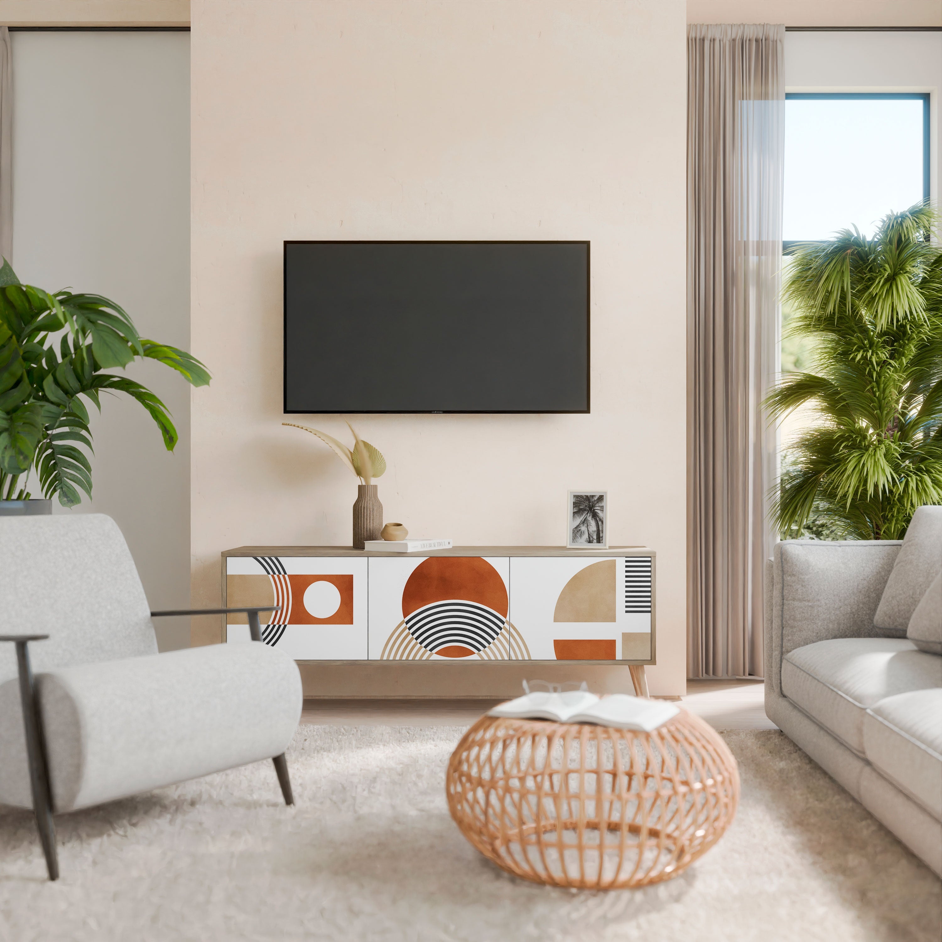 Meuble TV 3 portes CIRCLE RHYTM effet chêne