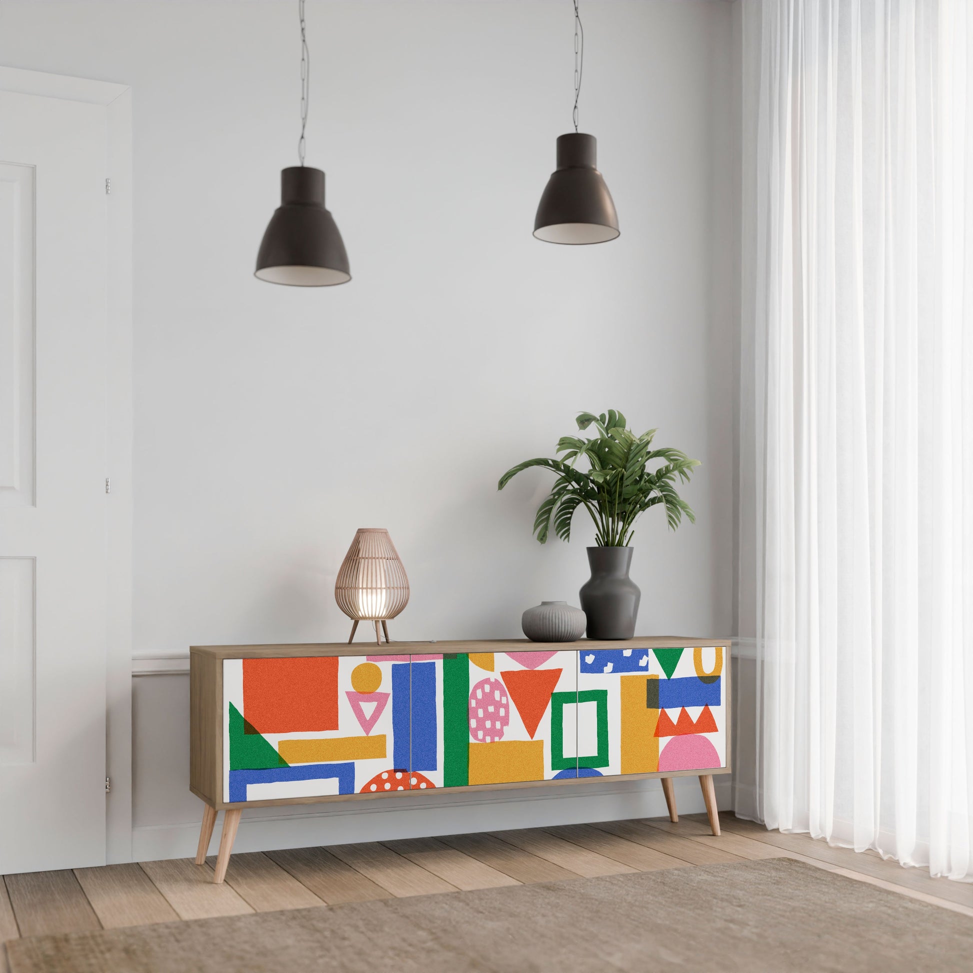Meuble TV 3 portes GEOMETRIC GLIMMER effet chêne