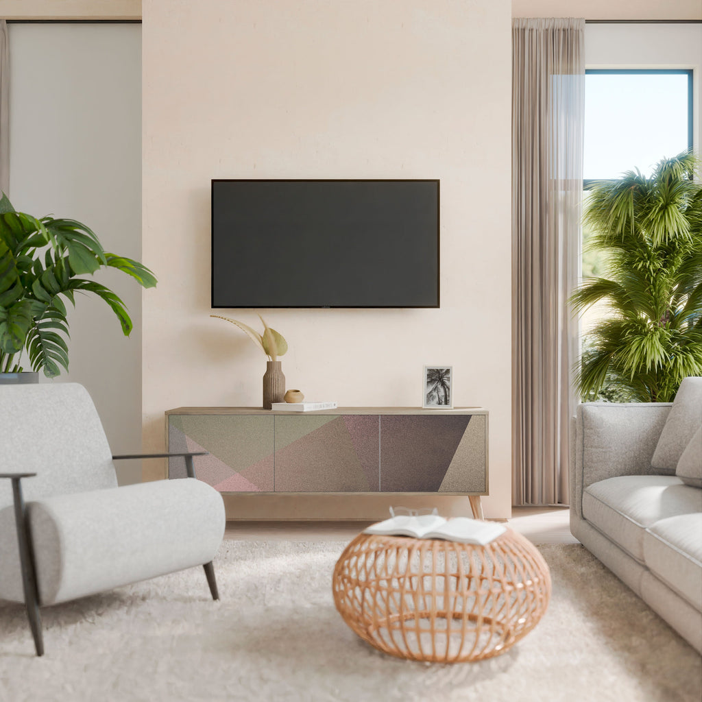 Meuble TV 3 portes BEIGE GEOMETRY effet chêne
