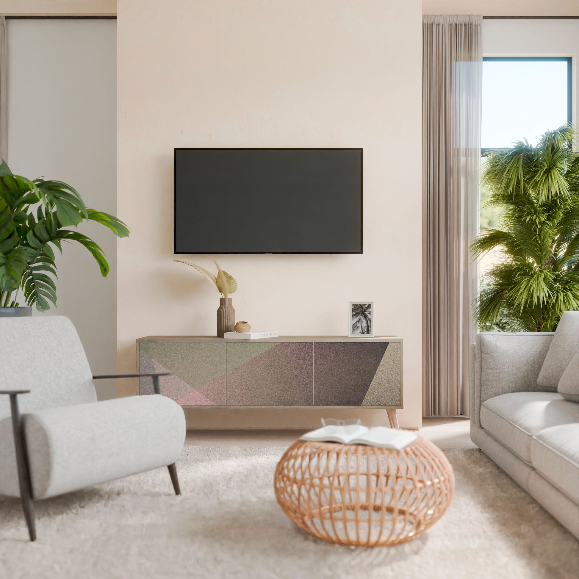Meuble TV 3 portes BEIGE GEOMETRY effet chêne