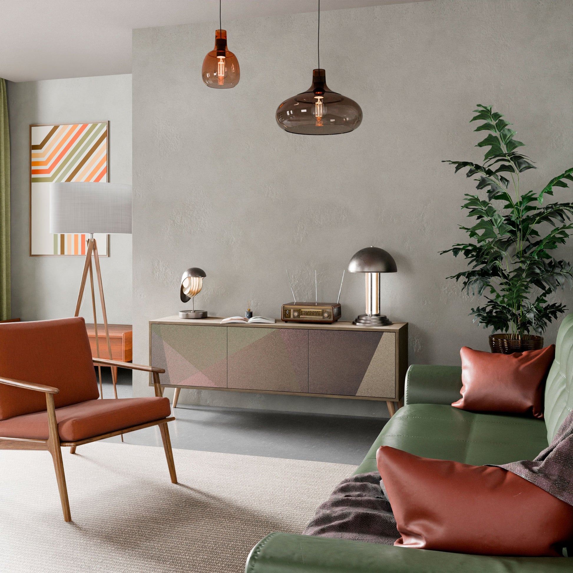 Meuble TV 3 portes BEIGE GEOMETRY effet chêne