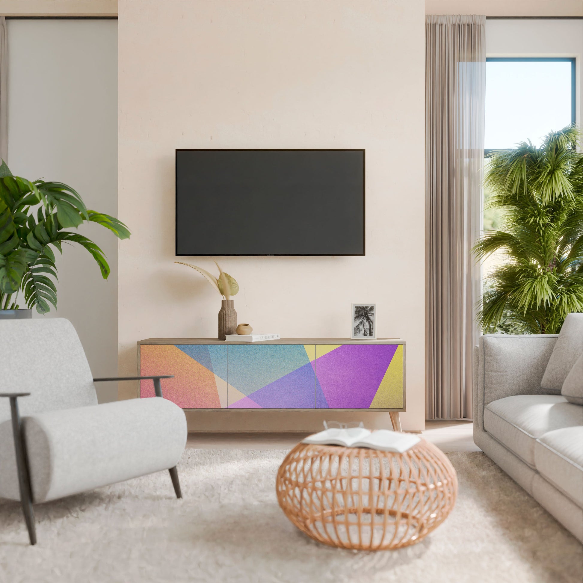 BRIGHT GEOMETRY 3-Door TV Stand in Oak Effect